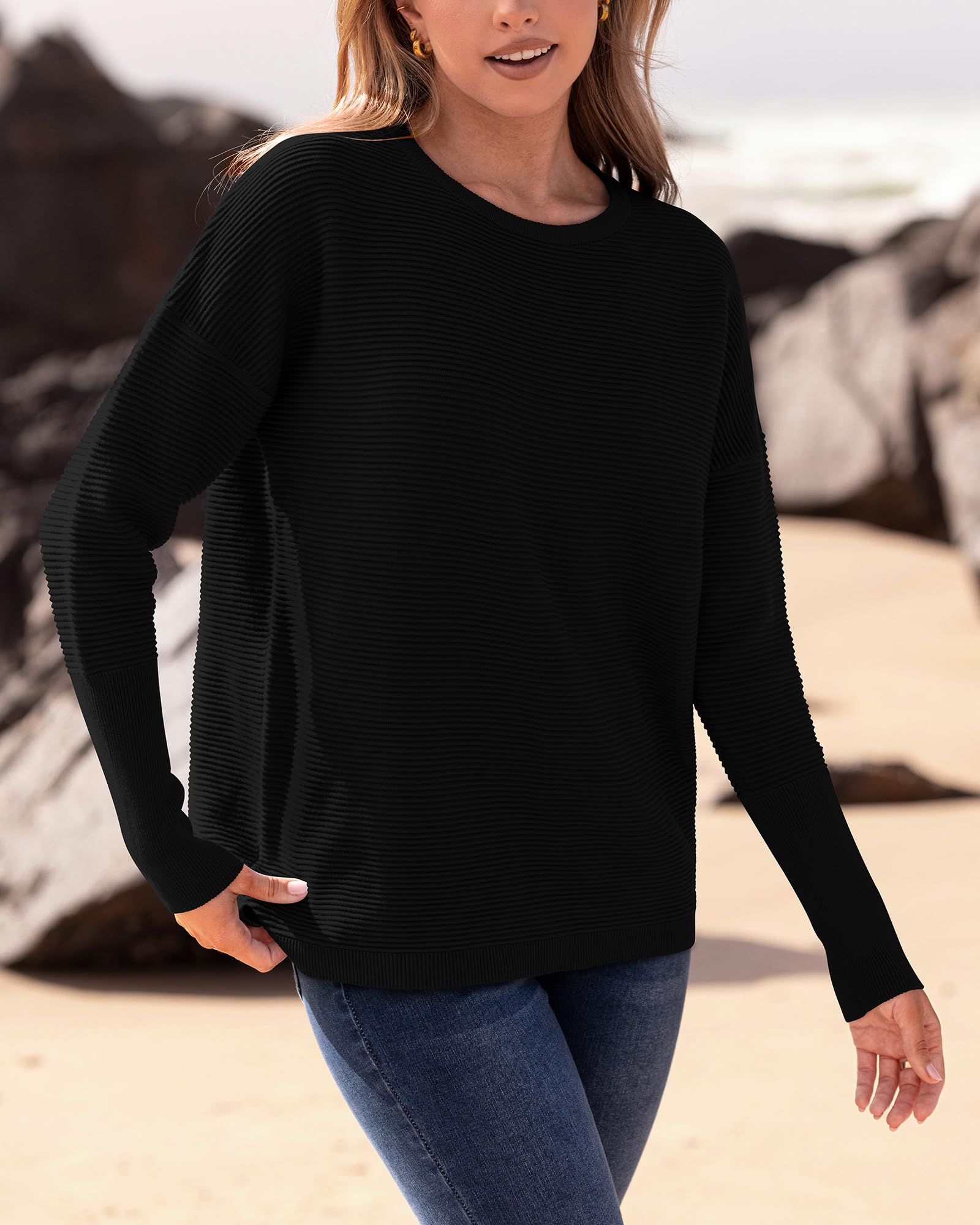 FreshPrettyFall Sweaters for Women Casual Long Sleeve Sweater Striped Loose Fit Pullover Tops