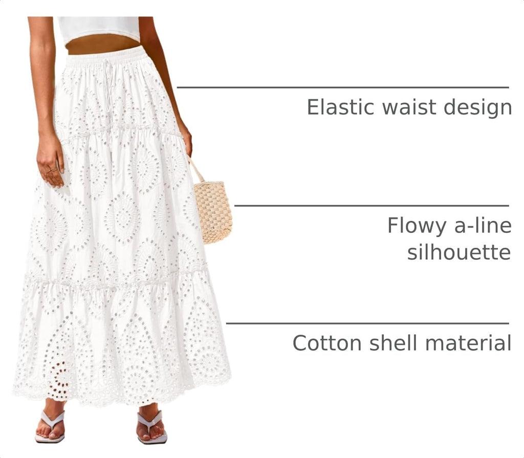 BTFBM Long Skirts for Women Summer Boho Lace Embroidery High Waist Flowy Tiered Spring Maxi Skirt Beach Vacation
