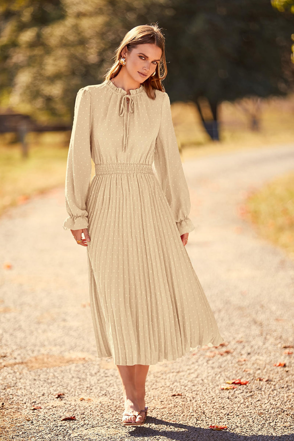 PRETTYGARDEN Women's Spring Fall Midi Dress Casual Long Sleeve V Neck Swiss Dot Pleated A Line Flowy Dresses