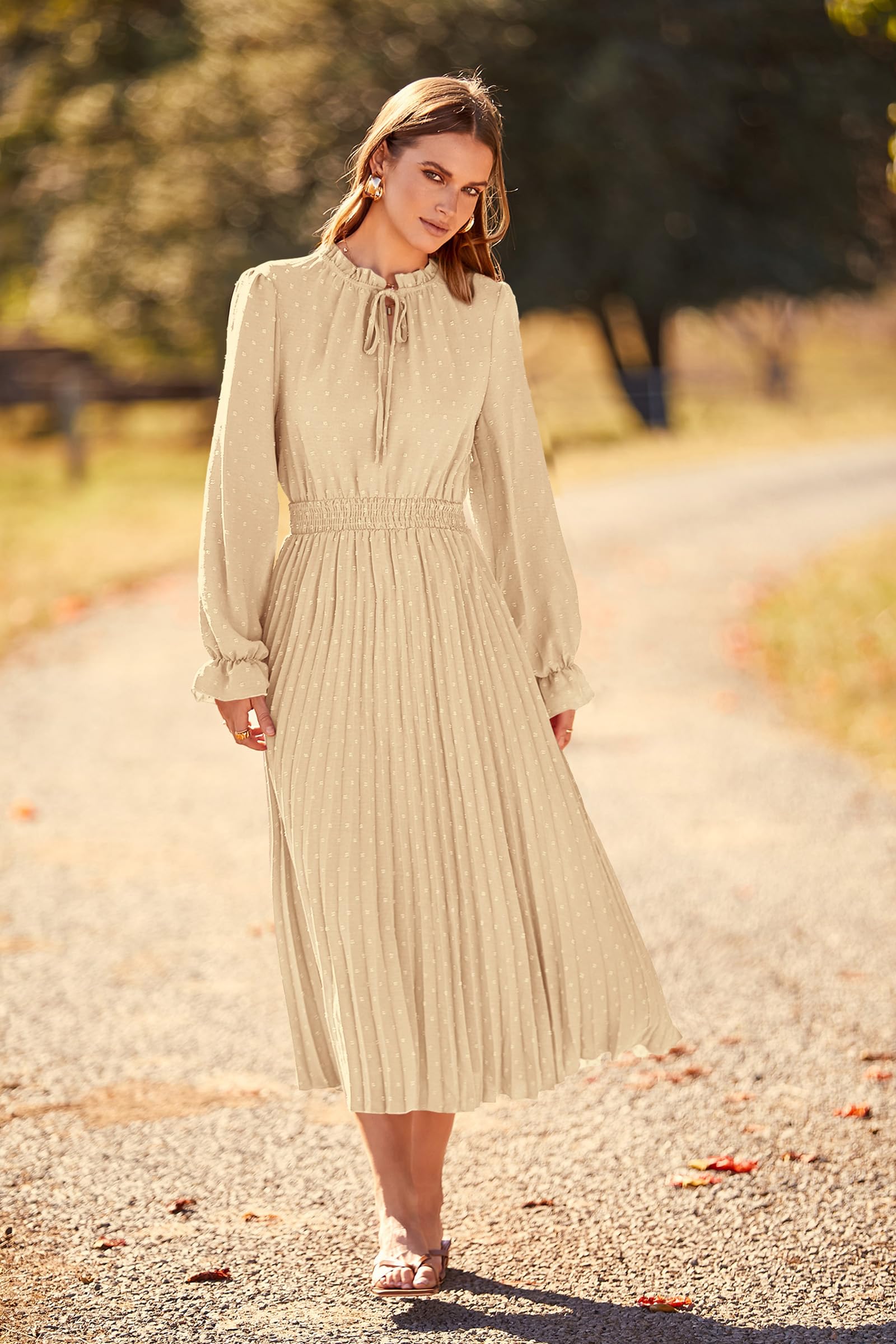 PRETTYGARDEN Women's Spring Fall Midi Dress Casual Long Sleeve V Neck Swiss Dot Pleated A Line Flowy Dresses