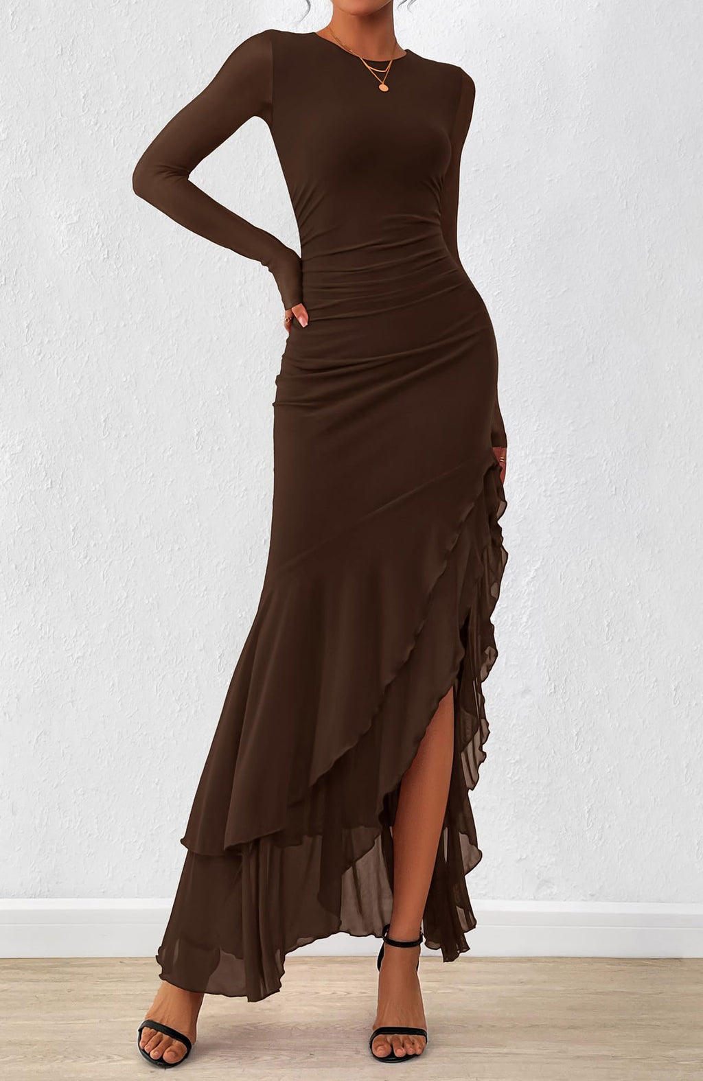 BTFBM Women's Maxi Dresses Fall Long Sleeve Wedding Guest Dress Mesh,Ruched,Bodycon,High Split,Solid Color,Ruffle, Mermaid,Cocktail Dresses,Prom,Party,Homecoming Dress,Fall Outfits