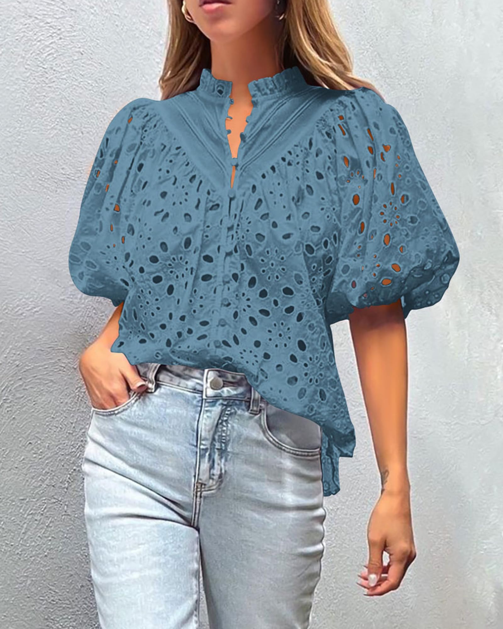 PRETTYGARDEN Women's Summer Tops Dressy Casual Short Sleeve V Neck Buttons Hollow Out Lace Embroidered Blouses Shirts