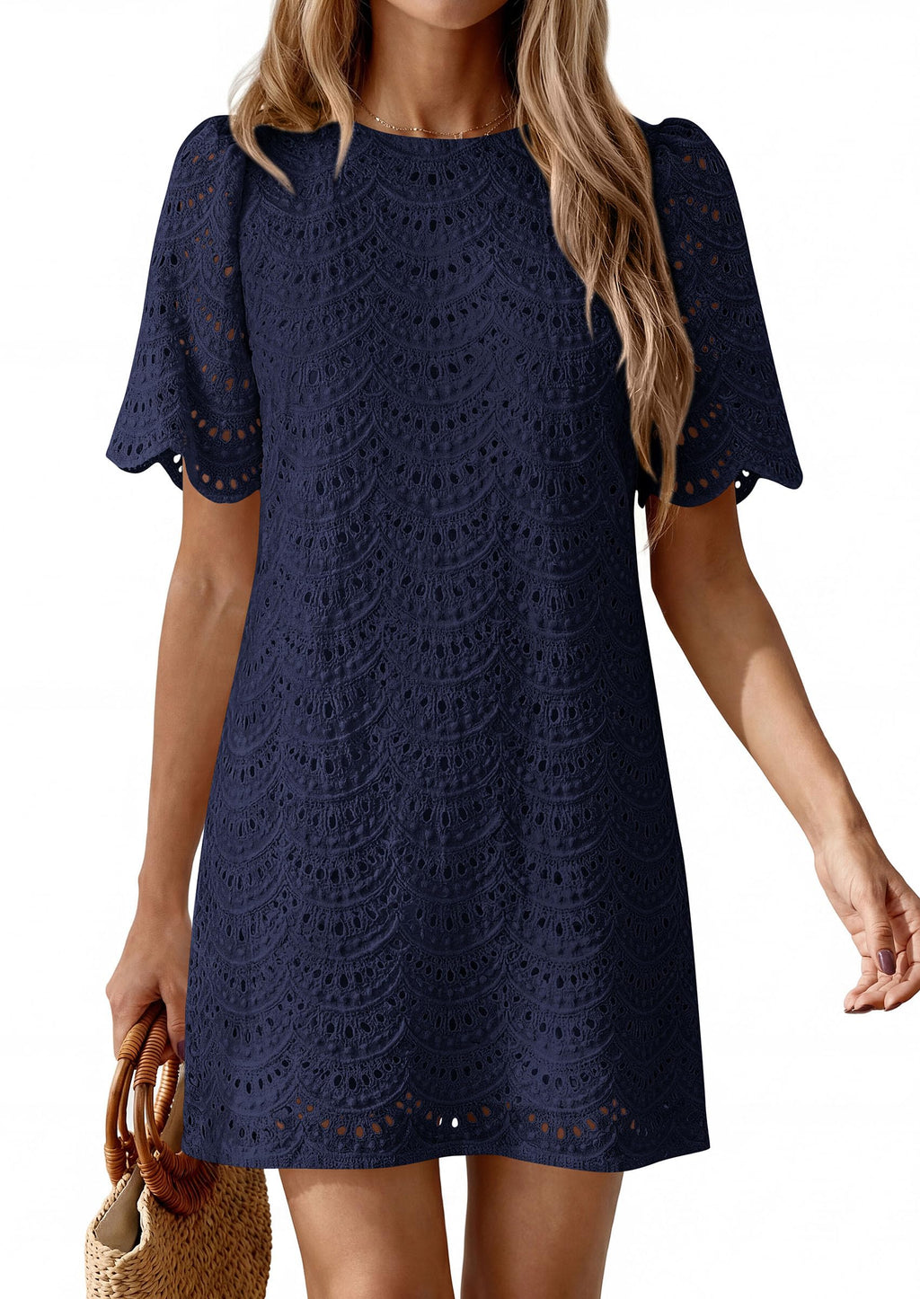 PRETTYGARDEN Women's Summer Casual Short Dresses Embroidered Lace Short Sleeve Boho Mini Dress Beach Vacation Clothes
