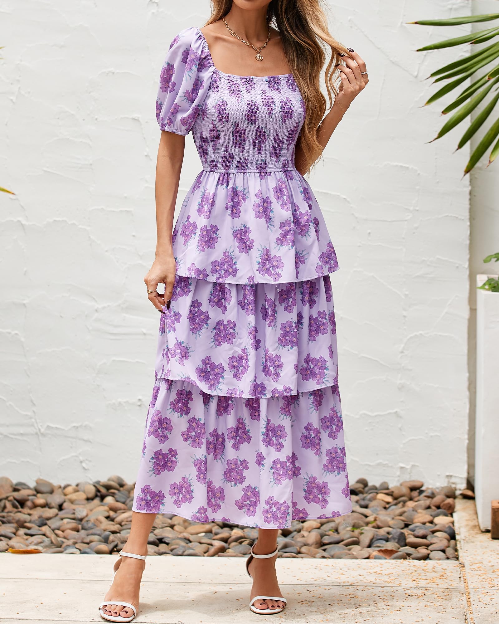 BTFBM Womens Square Neck Smocked Dress Summer Puff Short Sleeve Floral Casual Ruffle Tiered Maxi Wedding Guest Dresses