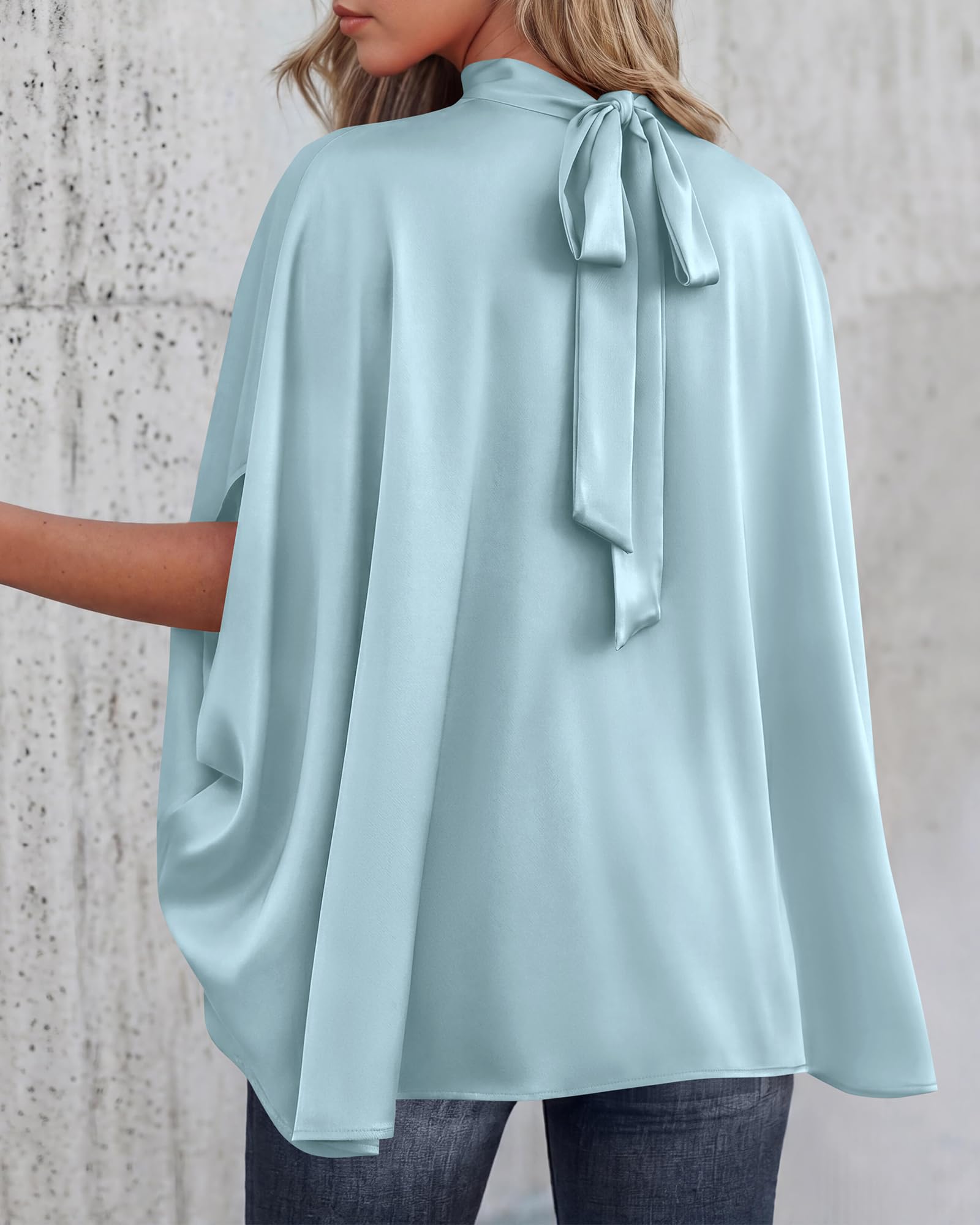BTFBM Womens Summer Tops Mock Neck Batwing Sleeve Silk Satin Shirts Loose Oversized Dressy Casual Spring Blouses