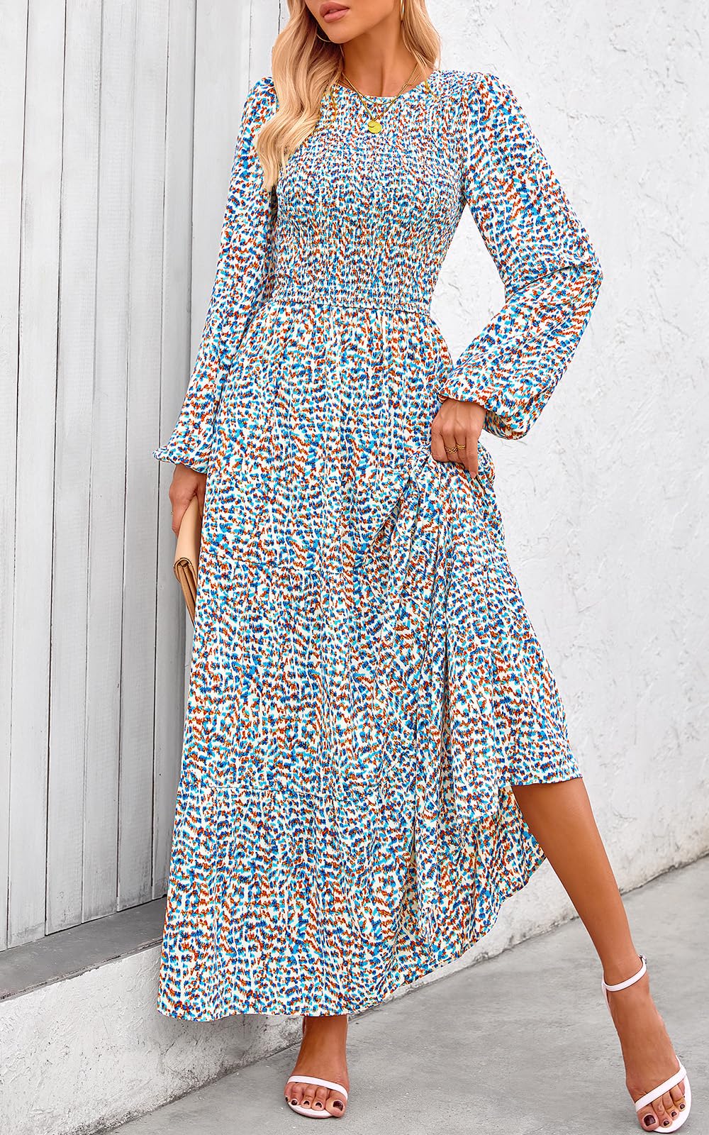 PRETTYGARDEN Women's Fall Dresses Long Sleeve Flowy Casual Floral Maxi Dress Crew Neck Smocked Tiered Long Dress