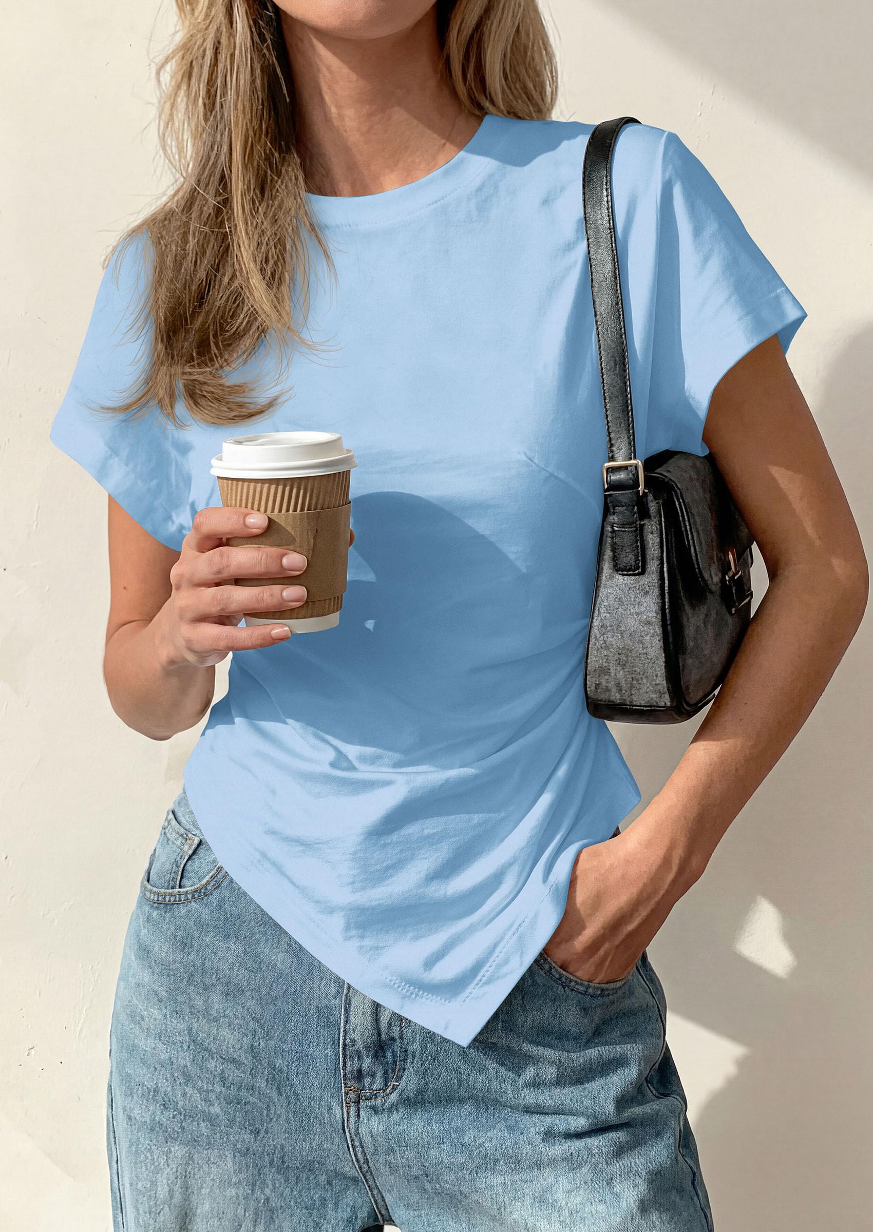 PRETTYGARDEN Womens Short Sleeve Crew Neck Trendy Shirts Spring Summer Y2K Going Out Tops Asymmetrical Ruched Blouse
