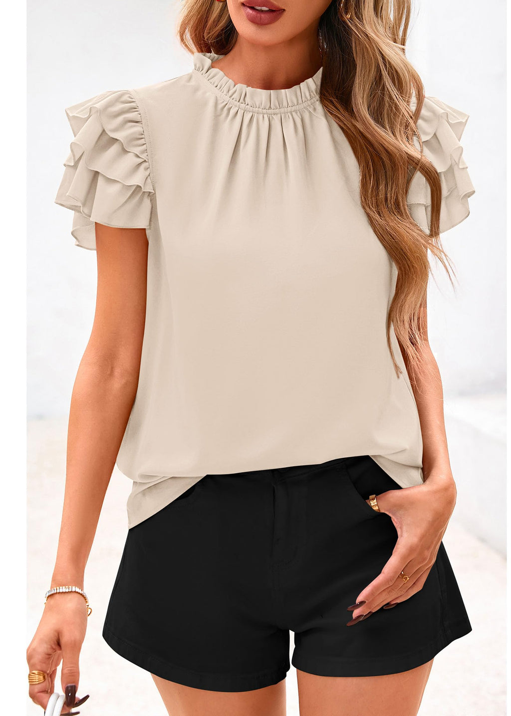 FreshPretty Blouses for Women Dressy Casual Spring Summer Ruffle Short Sleeve Mock Neck Work Shirts Tops Fashion Clothing
