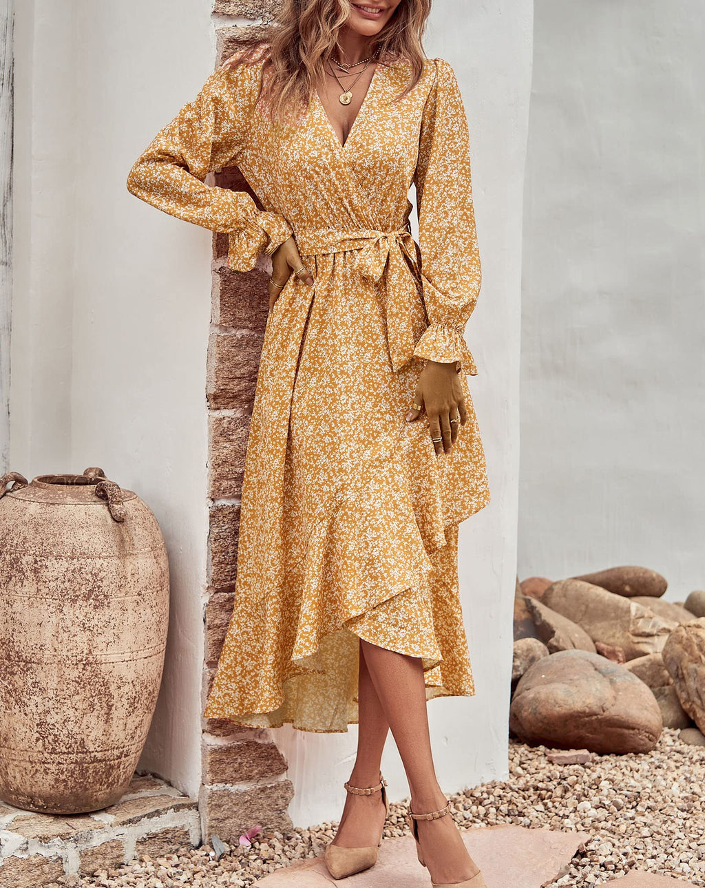 BTFBM Womens Dresses Summer V Neck Floral High Waist Ruffle Wedding Guest Cocktail Boho Spring Long Sleeve Dress