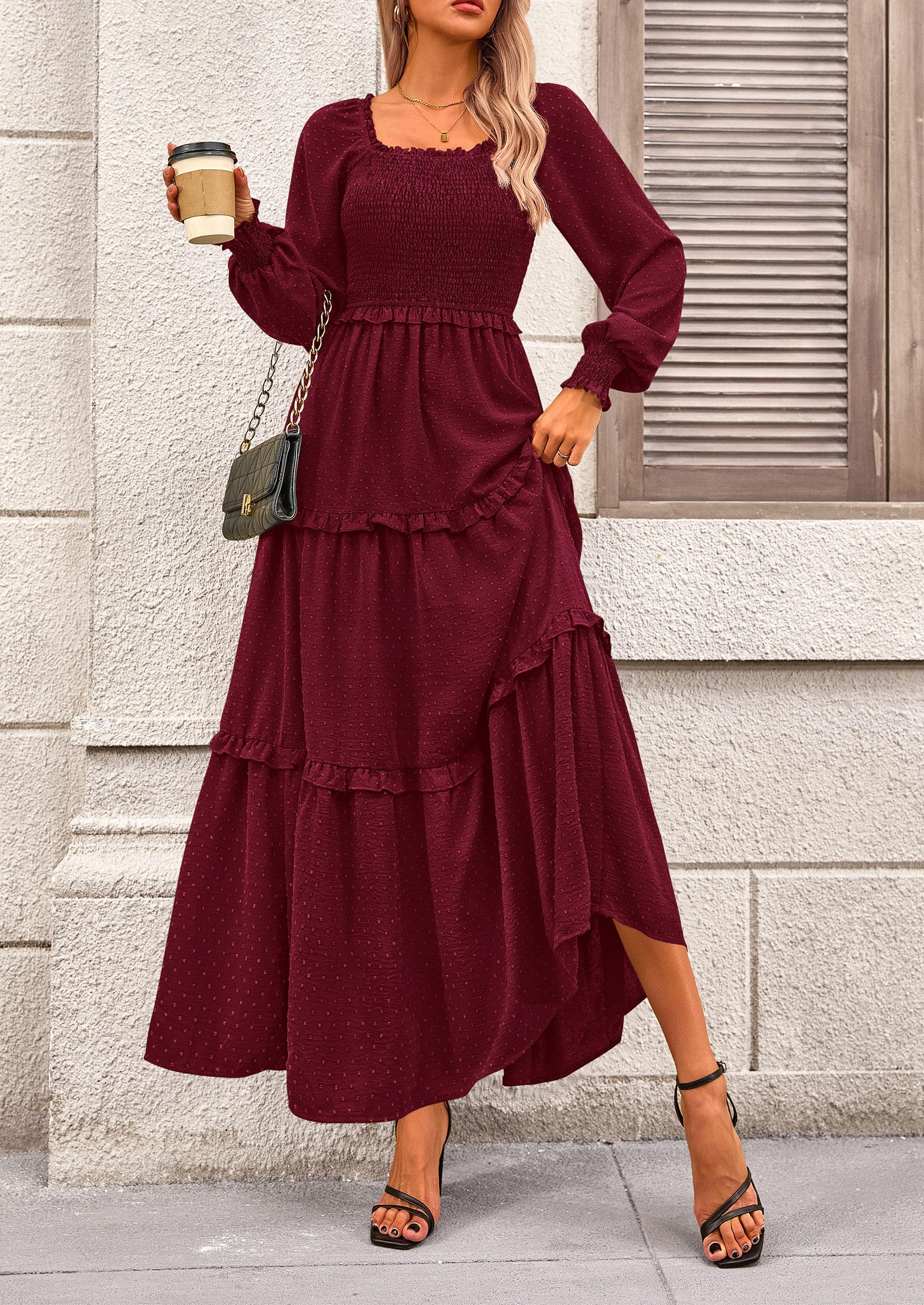 PRETTYGARDEN Fall Dresses for Women Long Sleeve Smocked Square Neck Swiss Dot Tiered Flowy Wedding Guest Maxi Dress