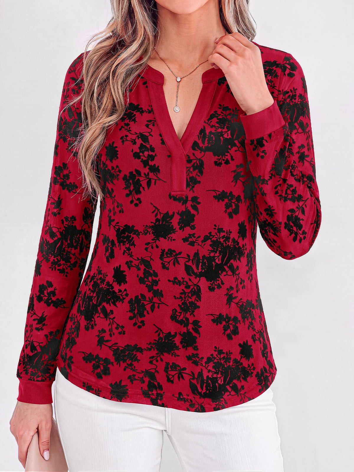 BTFBM Womens Tops Floral Sheer Mesh Long Sleeve Blouses Dressy Casual V Neck Flocked Mesh Shirts,Velvet-Like Flowers,Double Layered,Loose Fit Tunics,Business Casual Top,Fall Fashion Clothing