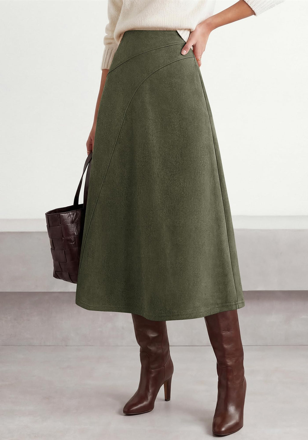 BTFBM Women Faux Suede Midi Long Skirt Fall Fashion | High Waisted Skirts For Women Trendy, Lightweight, Back Elastic, Arc Line Design, A-Line, Winter Dress, Boho Western Outfits
