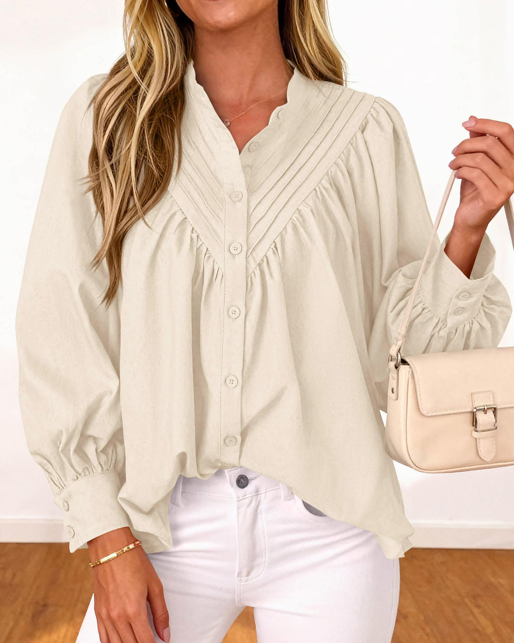 FreshPretty Blouses for Women Dressy Casual Fashion Clothing Long Sleeve Shirts Loose Fit Button Down Pleated Boho Going Out Tops