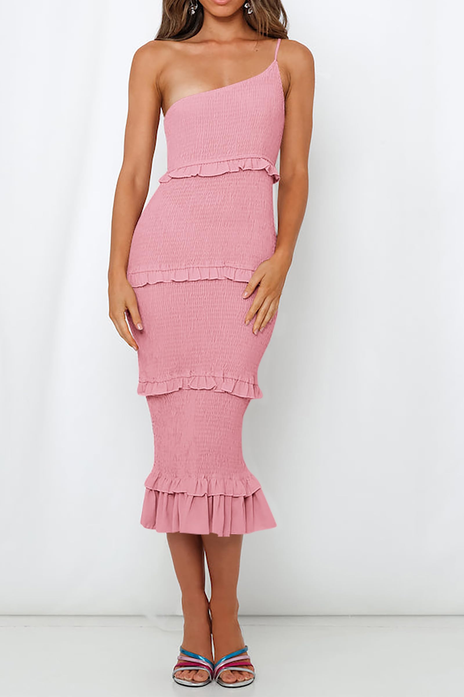 PRETTYGARDEN Women's Summer Midi Bodycon Dresses One Shoulder Strappy Tiered Ruffle Floral Boho Sun Dress