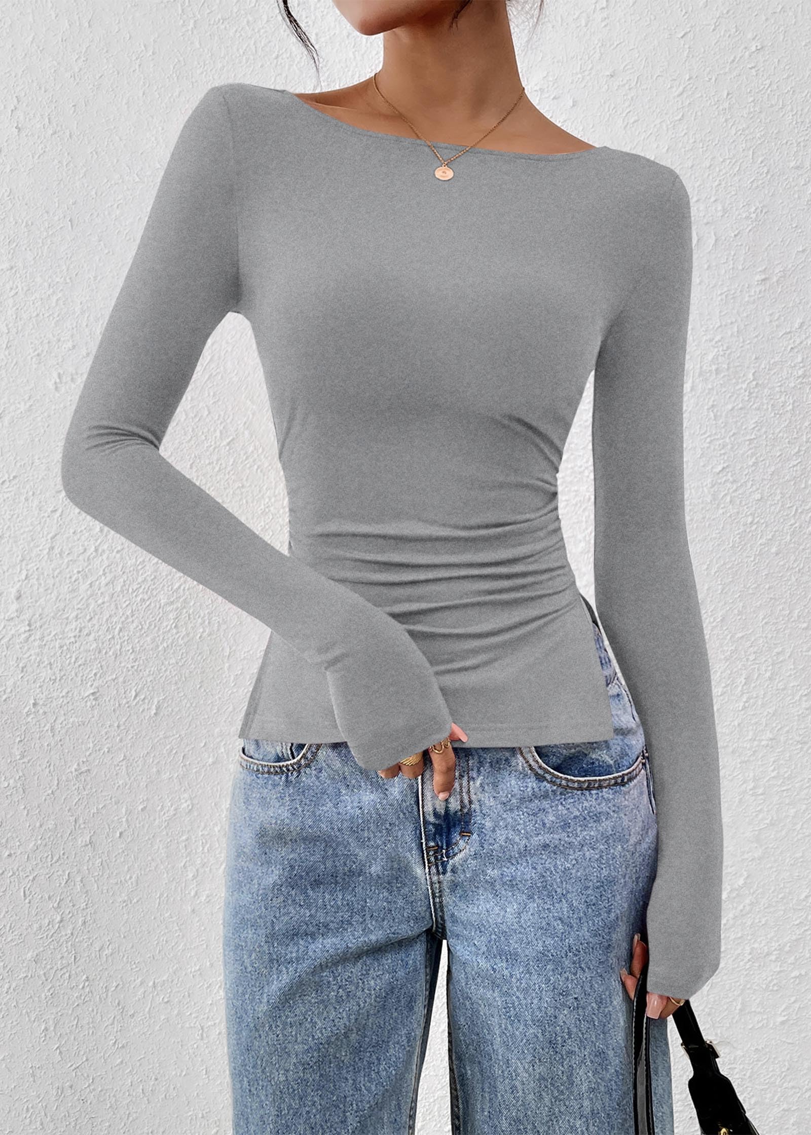 FreshPretty Long Sleeve Shirts for Women Fall Casual Boat Neck Knit Workout Going Out Tops Fitted Side Slit Basic Tees