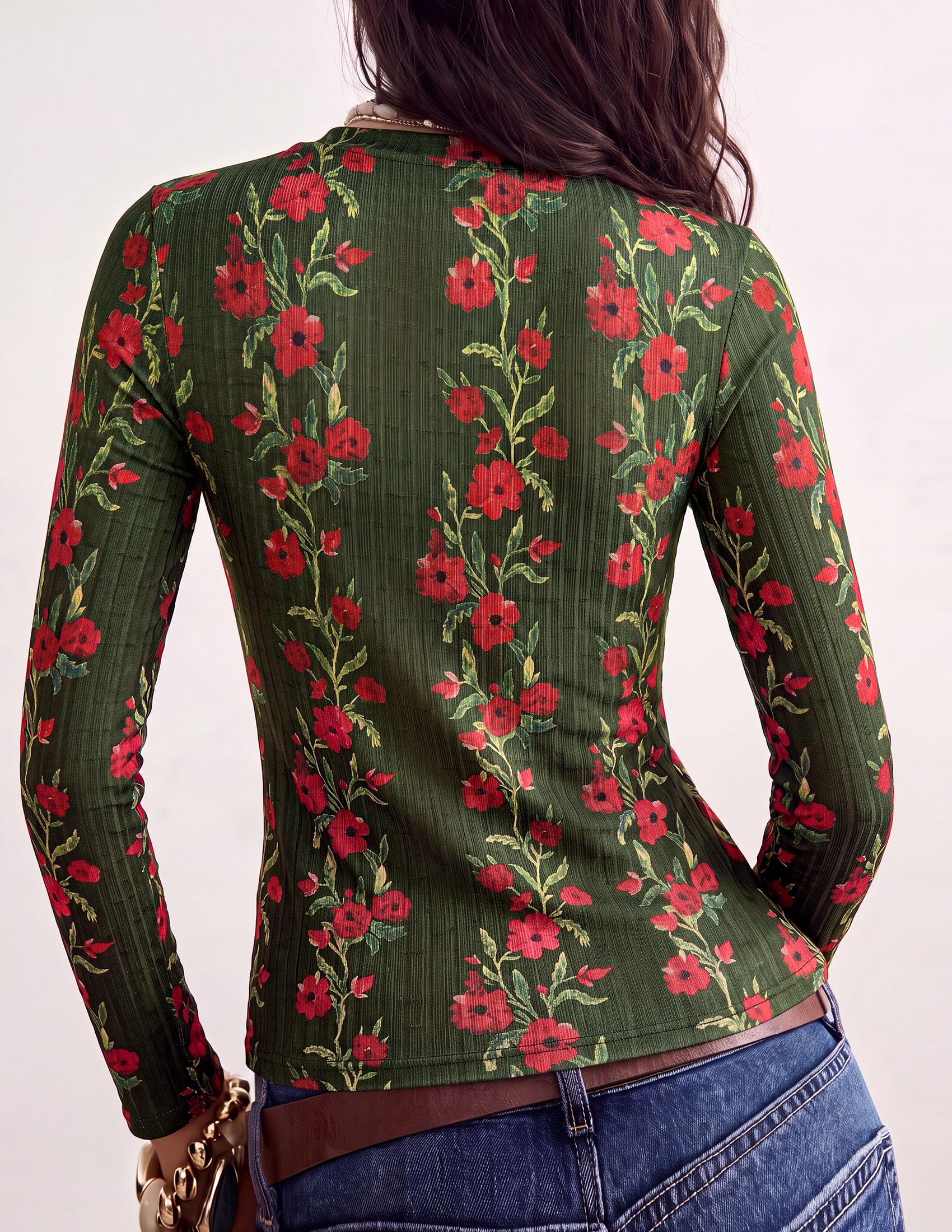 PRETTYGARDEN Womens Long Sleeve Shirts Floral Y2K Tops Soft Lightweight Ribbed Knit Top,Fitted Waist,Crew Neck Slim Fit,Going Out Vacation Outfits,Layering Fall Winter Clothes