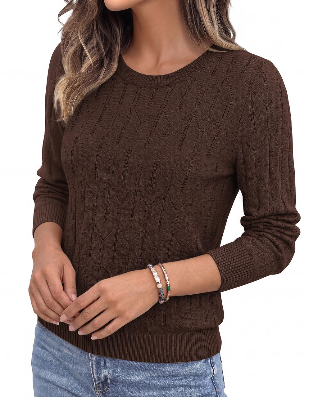 BTFBM Womens Sweaters Long Sleeve Crewneck Pullover Tops Dressy Casual Lightweight Knit Sweater,Small Hollow Out Boho Shirts, Fall Fashion,Winter Layer Basic Clothes,Business Casual Outfits
