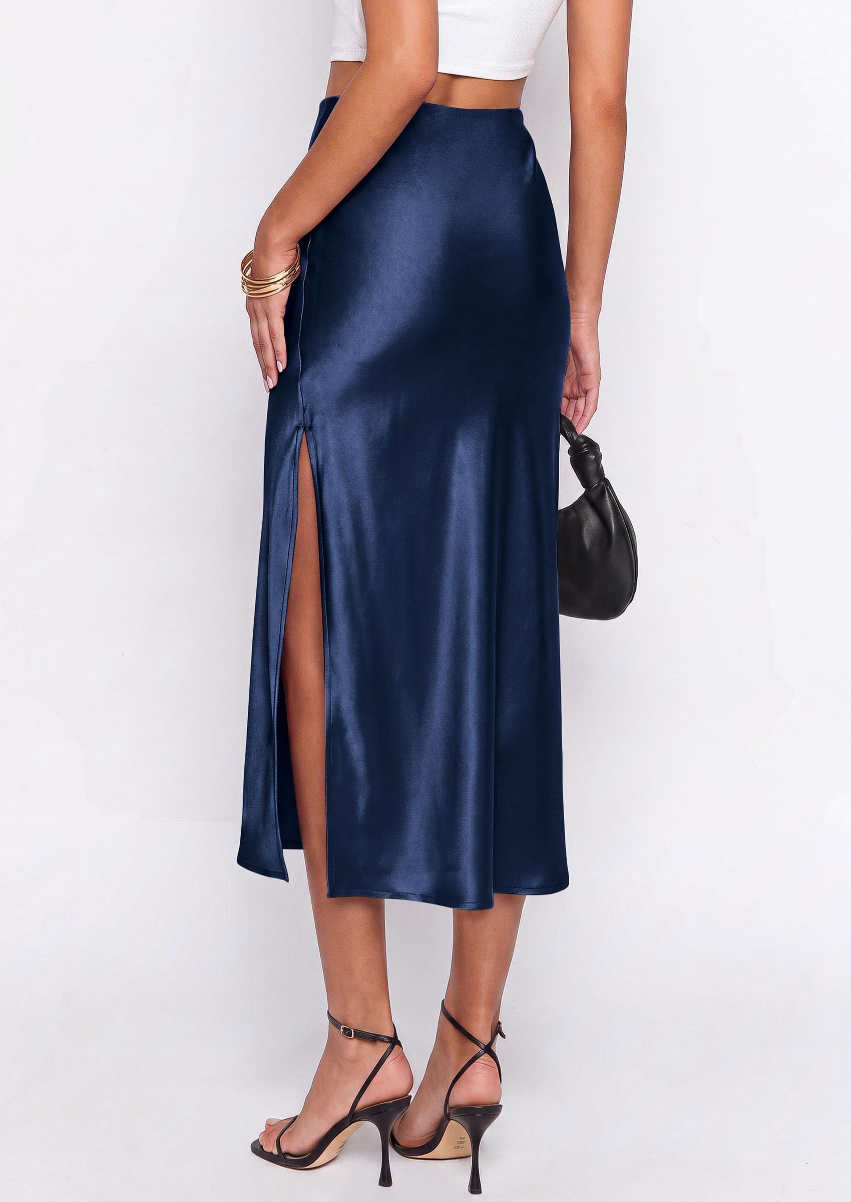 PRETTYGARDEN Womens Satin Skirt Summer Silk Business Casual High Waisted A Line Flowy Work Wedding Cocktail Midi Skirts
