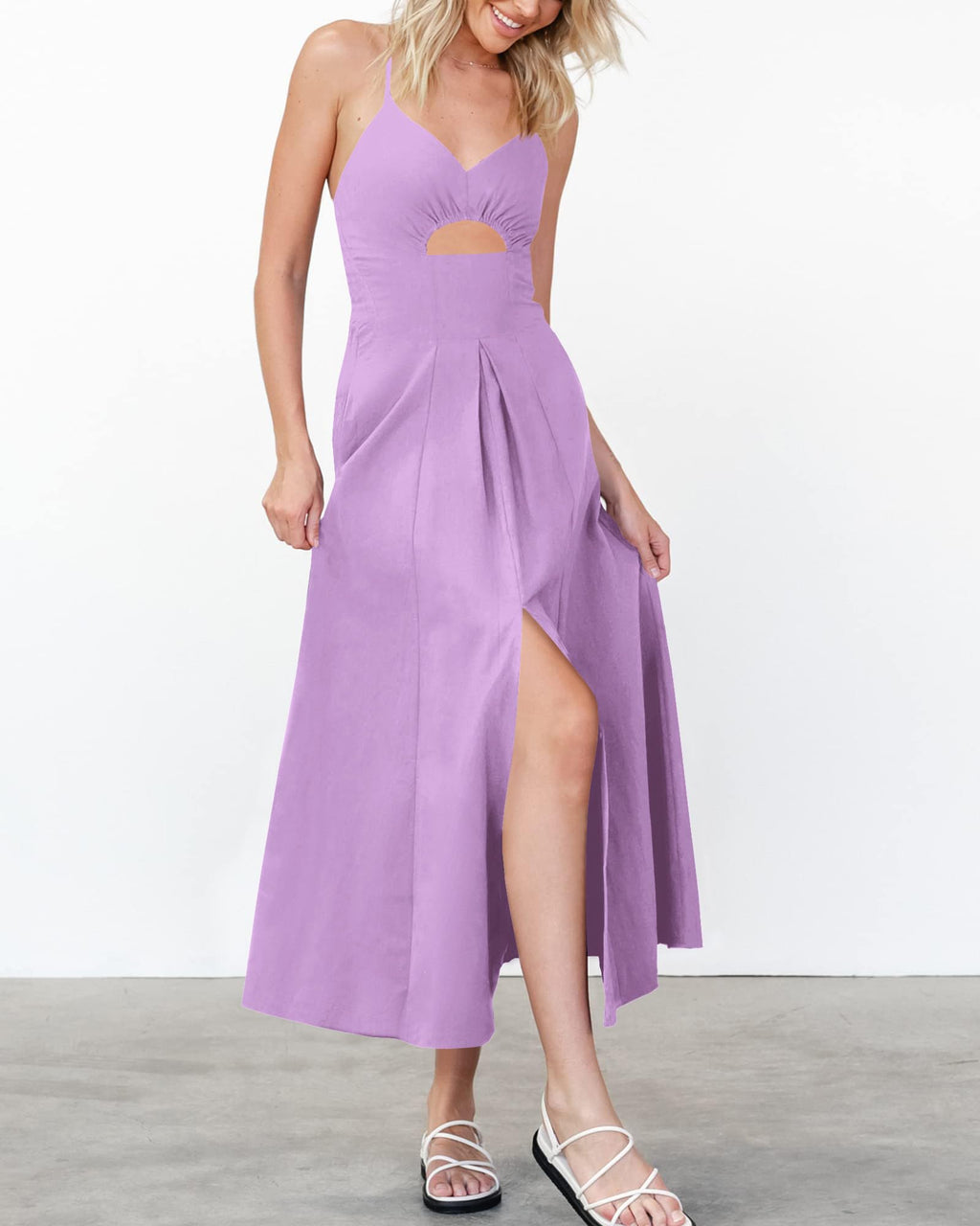 BTFBM Women Spaghetti Strap Midi Summer Dresses Sleeveless V Neck Cutout Slit Casual Beach Party Maxi Dress Pockets