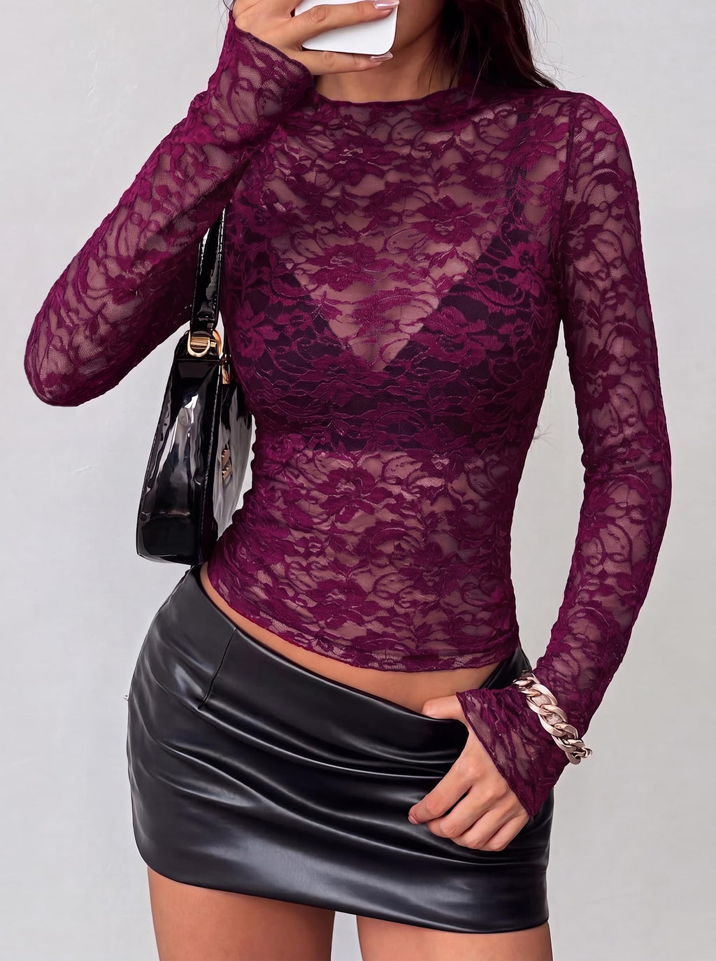 BTFBM Lace Long Sleeve Tops for Women Sexy Mesh Sheer Shirt | Mock Neck,Slim Fitted,Party,Club Outfits,Fall Winter