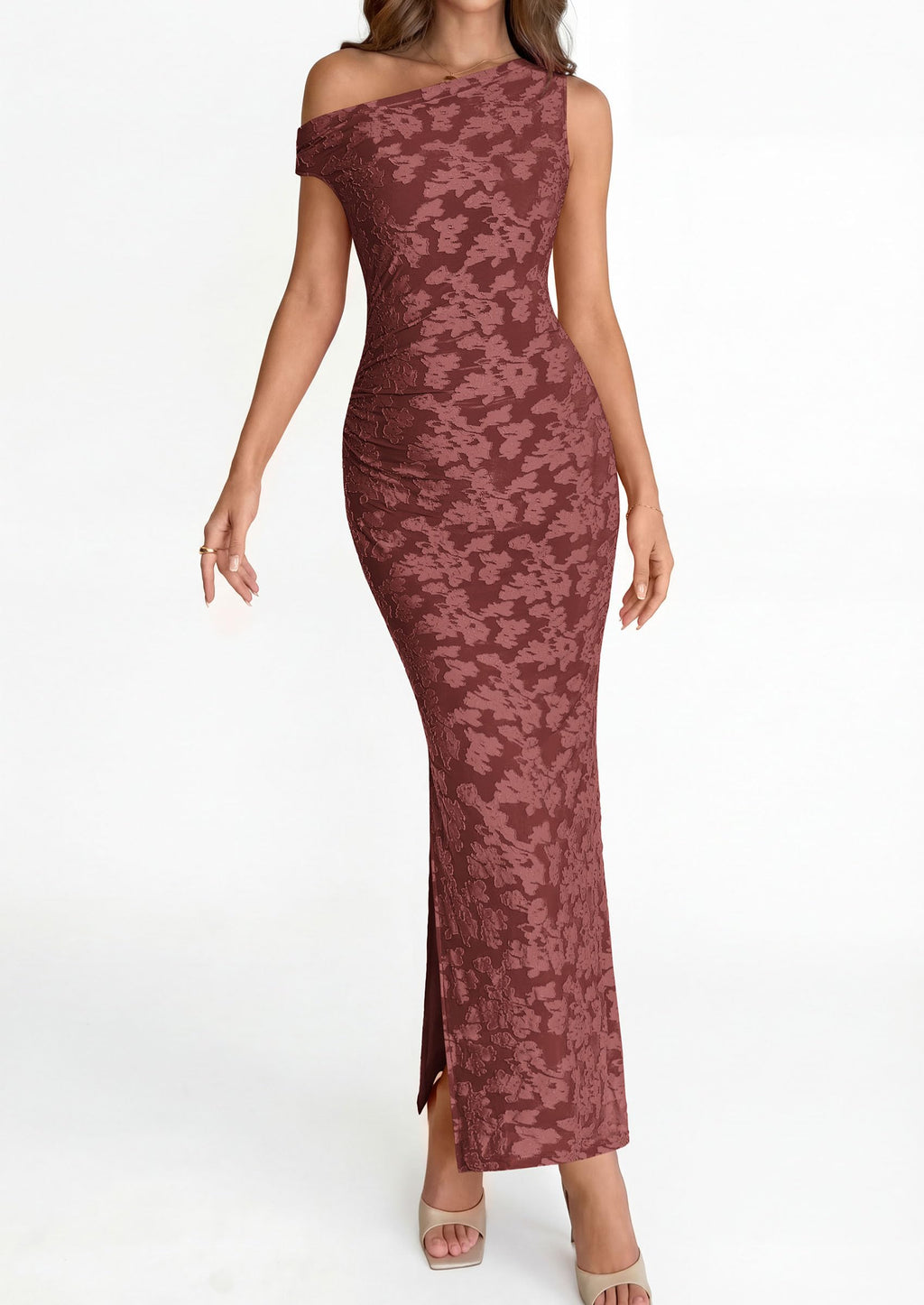 PRETTYGARDEN Womens Floral One Shoulder Maxi Dress Summer Spring Bodycon Ruched Side Slit Elegant Cocktail Party Dresses
