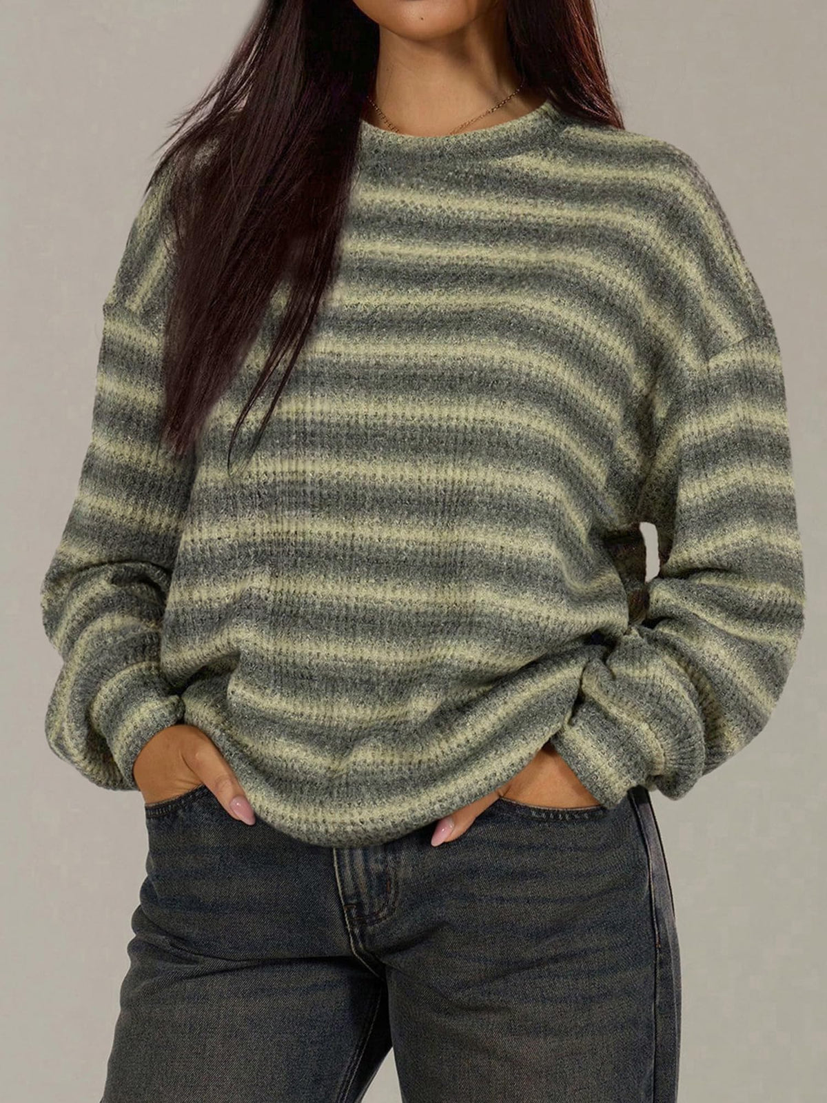 FreshPretty Striped Waffle Knit Tops for Women Lightweight Pullover Sweaters,Womens Fall Outfits,Basic Casual Crew Neck Long Sleeve Top,Trendy Loose Blouses Daily Wear,Winter Layering Clothes