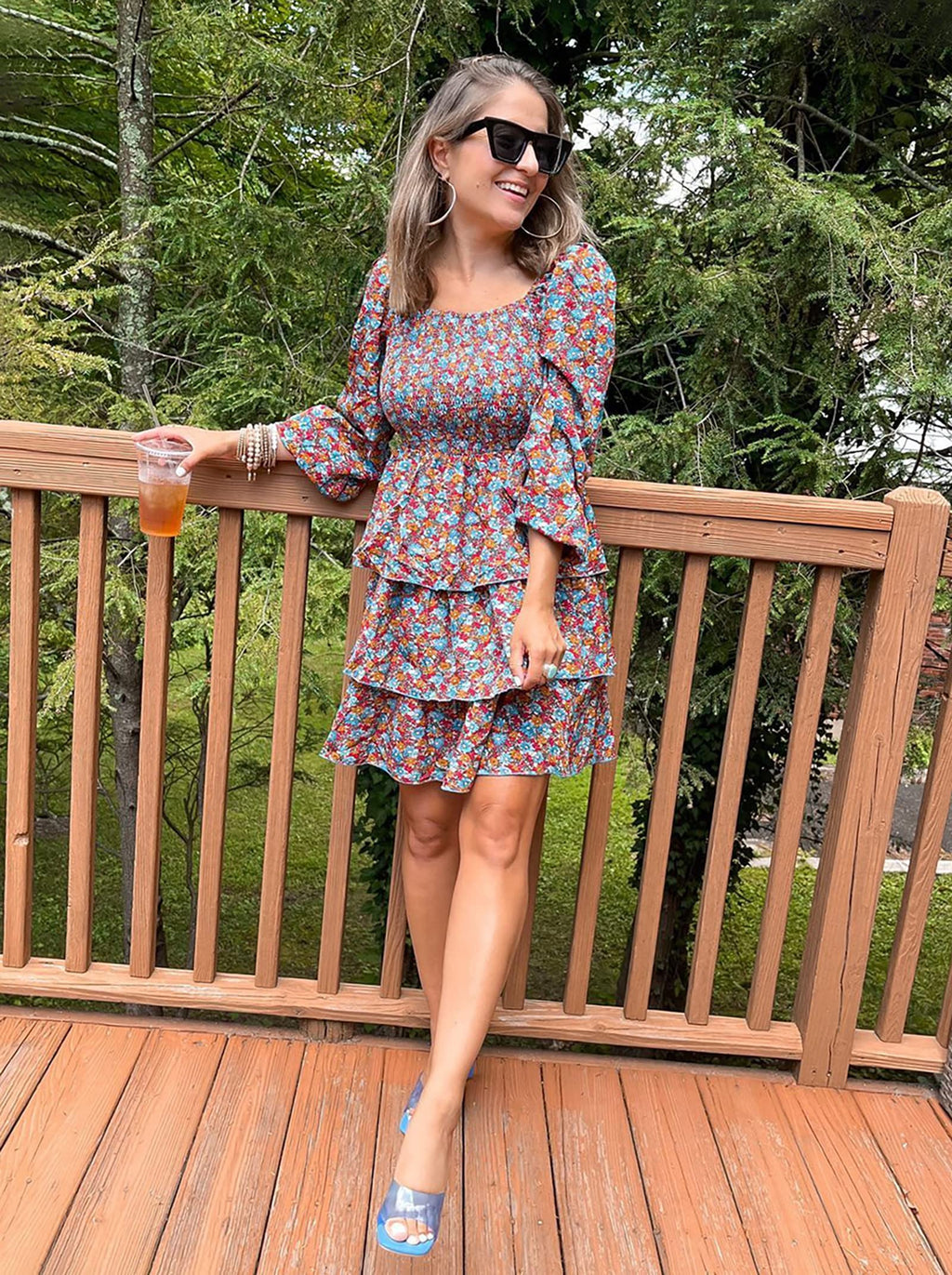 BTFBM Womens Long Sleeve Dress Summer Vacation Square Neck Smocked Floral Mini Boho Spring Wedding Guest Dresses