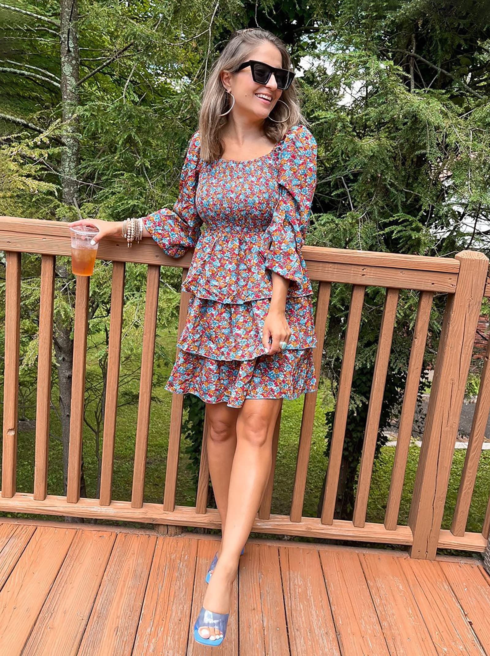 BTFBM Womens Long Sleeve Dress Summer Vacation Square Neck Smocked Floral Mini Boho Spring Wedding Guest Dresses