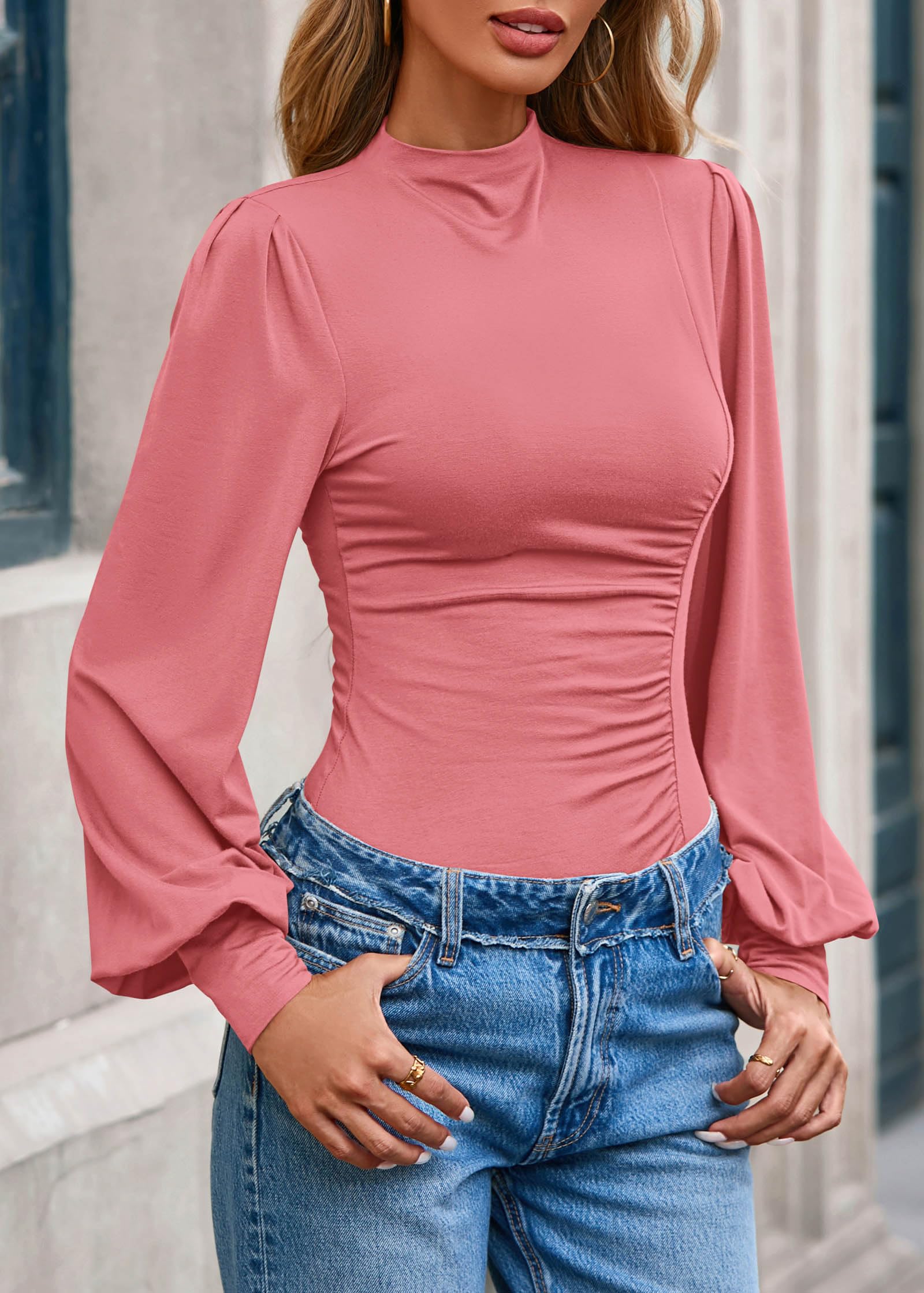 FreshPretty Blouses for Women Dressy Casual Spring Tops Fall Puff Long Sleeve Shirts Fitted Mock Neck Ruched Trendy Tops