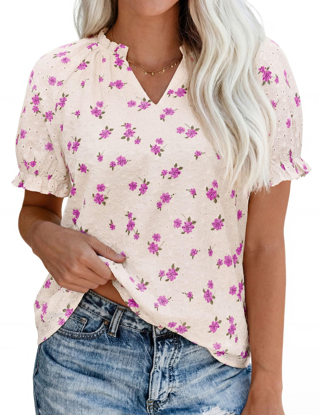 PRETTYGARDEN Summer Short Sleeve V Neck Shirts for Women Trendy Floral Print Loose Ruffle Tops Business Casual Blouses