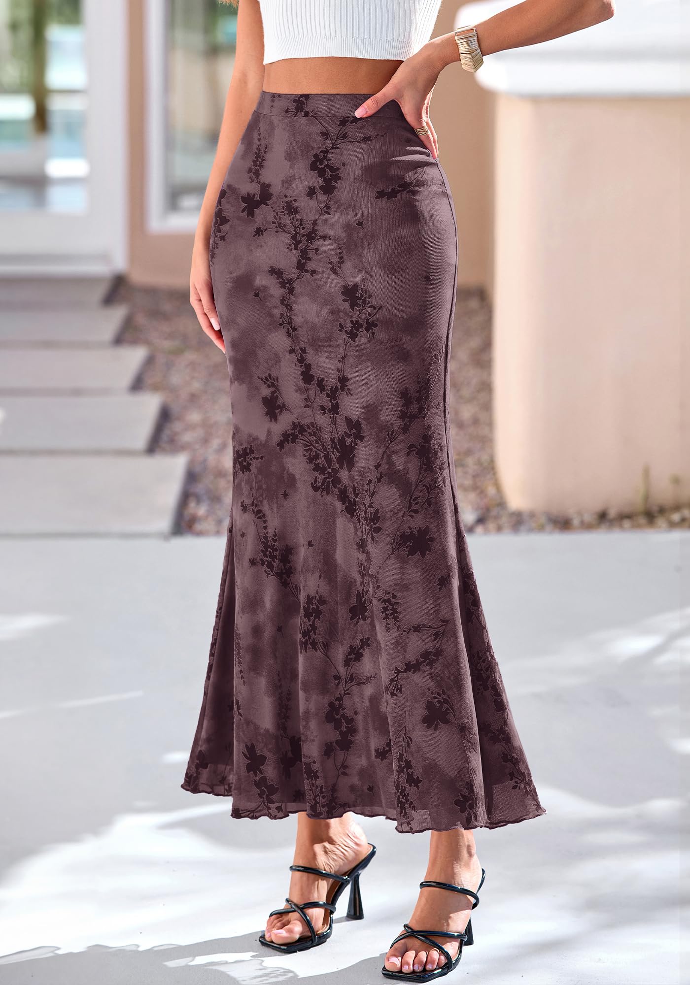 BTFBM Womens Floral Mesh Maxi Skirt Spring Summer Elastic High Waisted Boho Elegant Mermaid Long Skirts for Women