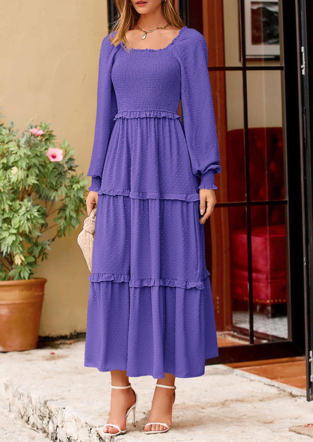 PRETTYGARDEN Fall Dresses for Women Long Sleeve Smocked Square Neck Swiss Dot Tiered Flowy Wedding Guest Maxi Dress