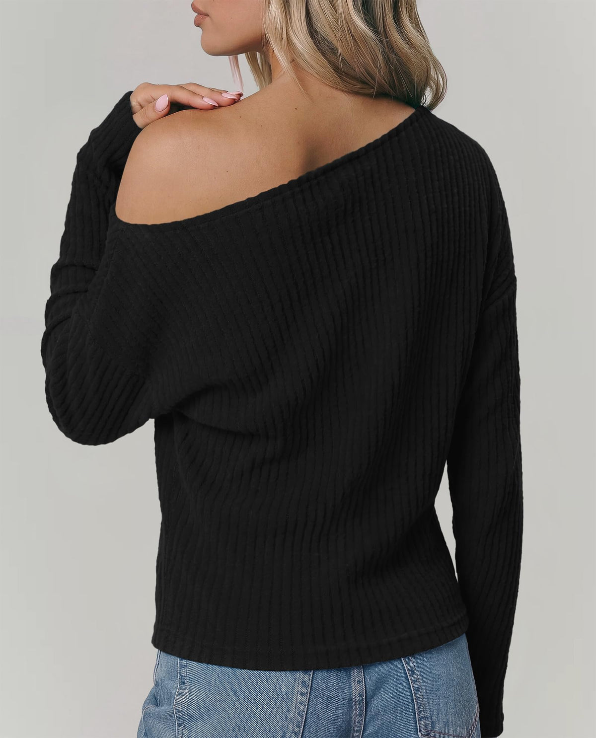 FreshPretty Womens Off The Shoulder Sweater Rib Asymmetrical Tops,Long Sleeve Knit Pullover Sweaters,Cute Fitted Y2K Jumper Top,Soft Casual Tee Shirts,Fall Fashion Going Out Outfits