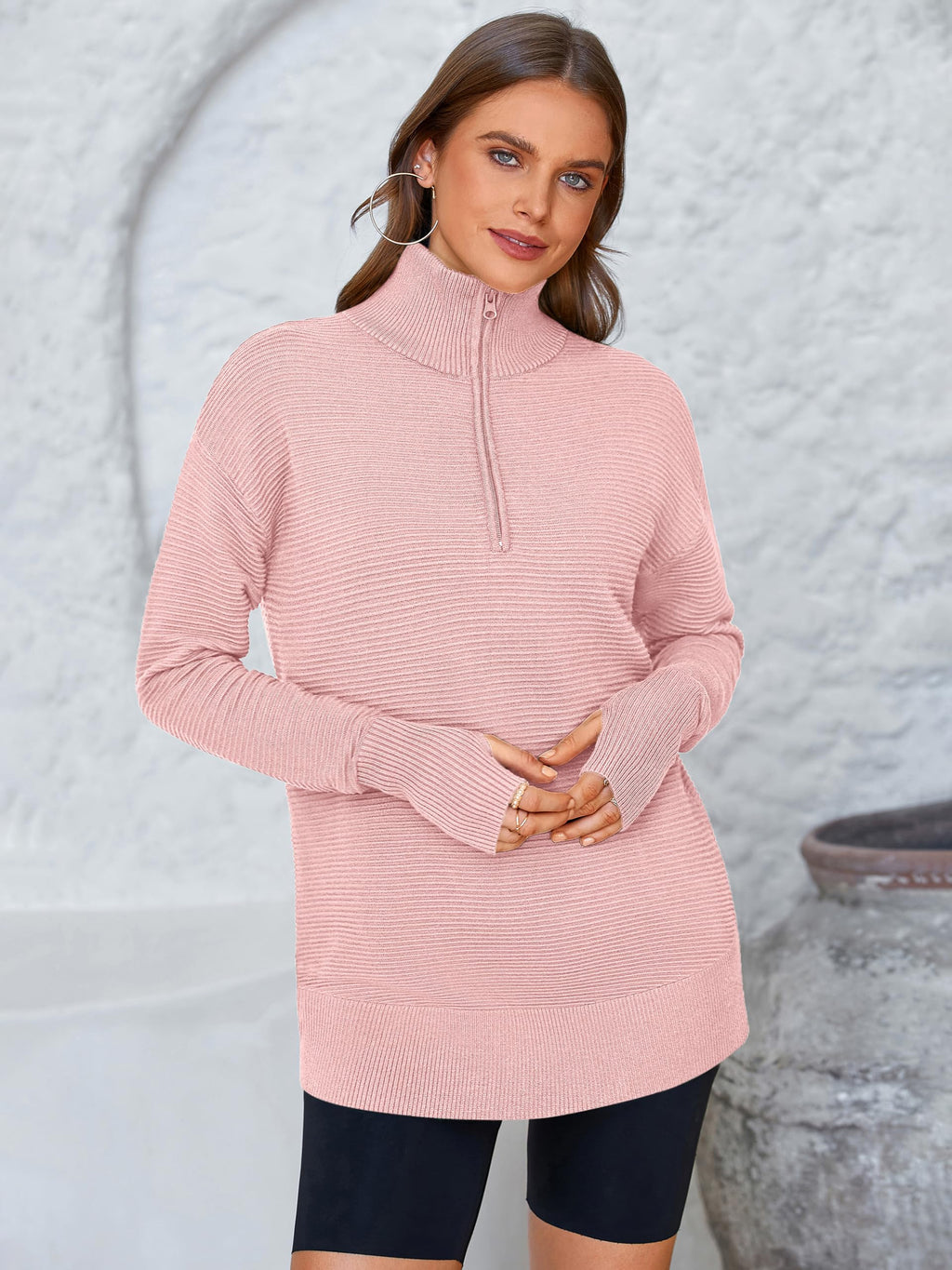 PRETTYGARDEN Womens Long Sleeve Quarter Zip Pullover Sweater Casual Loose V Neck Collared Ribbed Knit Jumper Tops Thumb Hole
