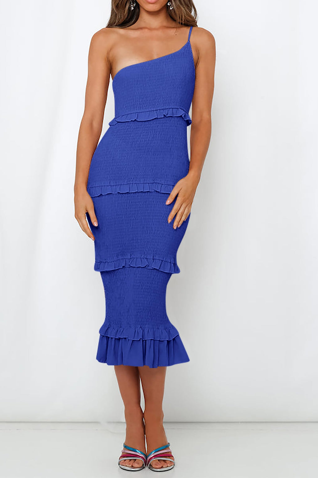 PRETTYGARDEN Women's Summer Midi Bodycon Dresses One Shoulder Strappy Tiered Ruffle Floral Boho Sun Dress