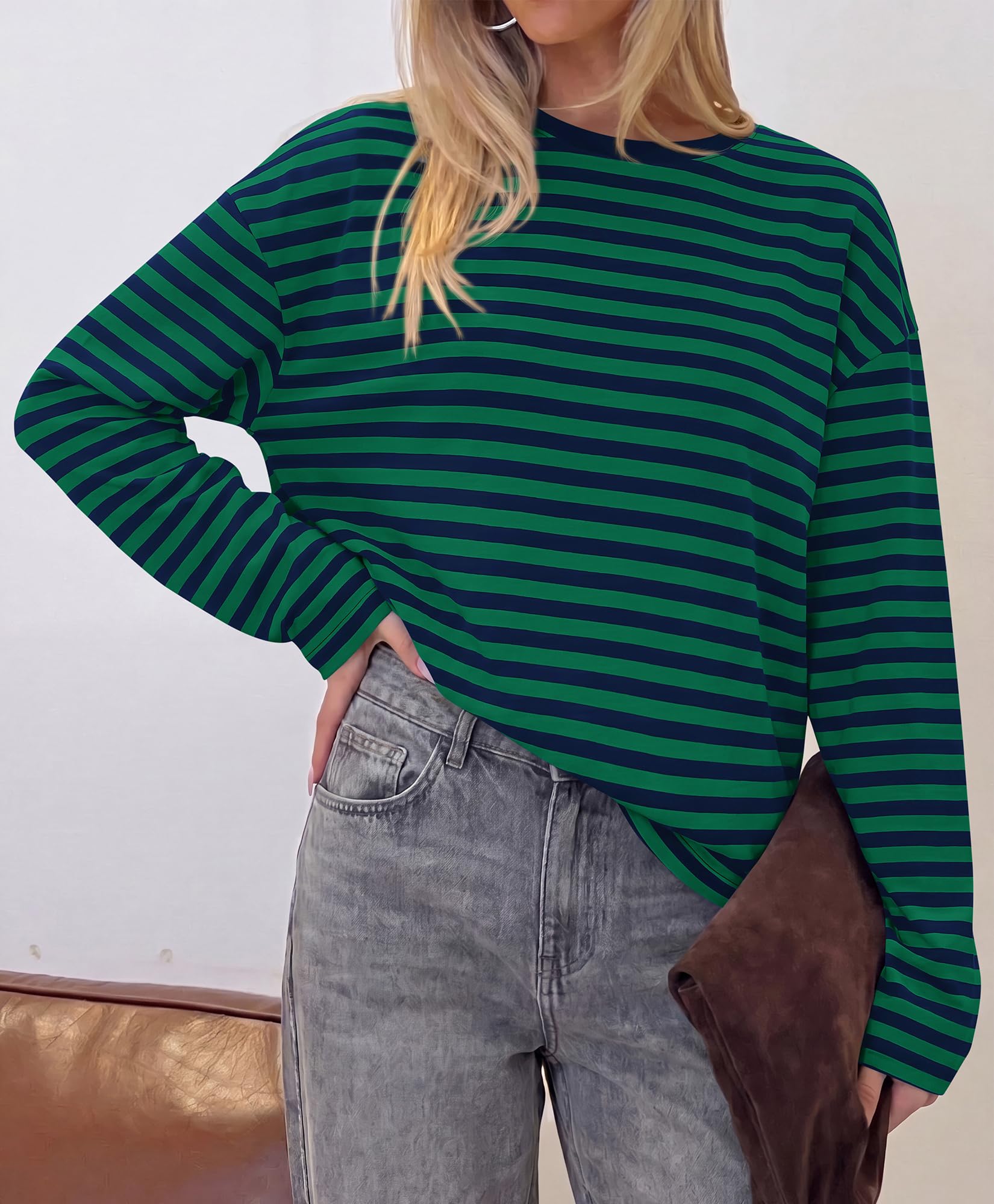 BTFBM Womens Long Sleeve Tops Fall Fashion | Lightweight, Crew Neck, Oversized Striped Shirt Women, Y2k Clothes, Vacation Travel Outfits, Going Out Top, Winter Layering