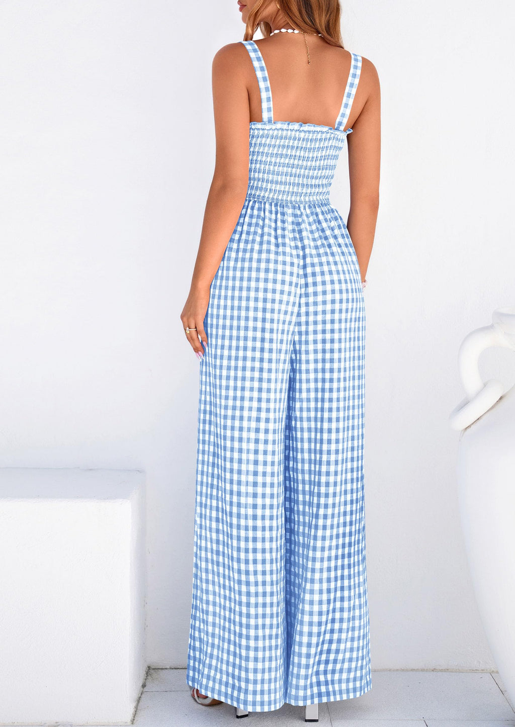 PRETTYGARDEN One Piece Jumpsuits for Women Casual Summer Cruise Outfits  Spring Fashion Smocked Wide Leg Gingham Rompers