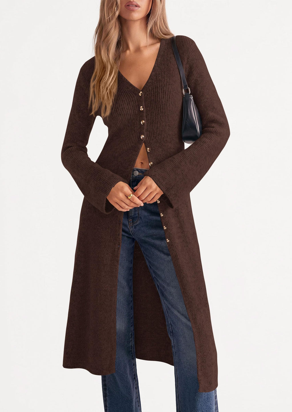 PRETTYGARDEN Women Long Cardigan Bell Sleeve Sweater Dress Early Fall Fashion, V Neck Button Down Coats, Fit and Flare, Duster Sweater, Acrylic Cotton Blend