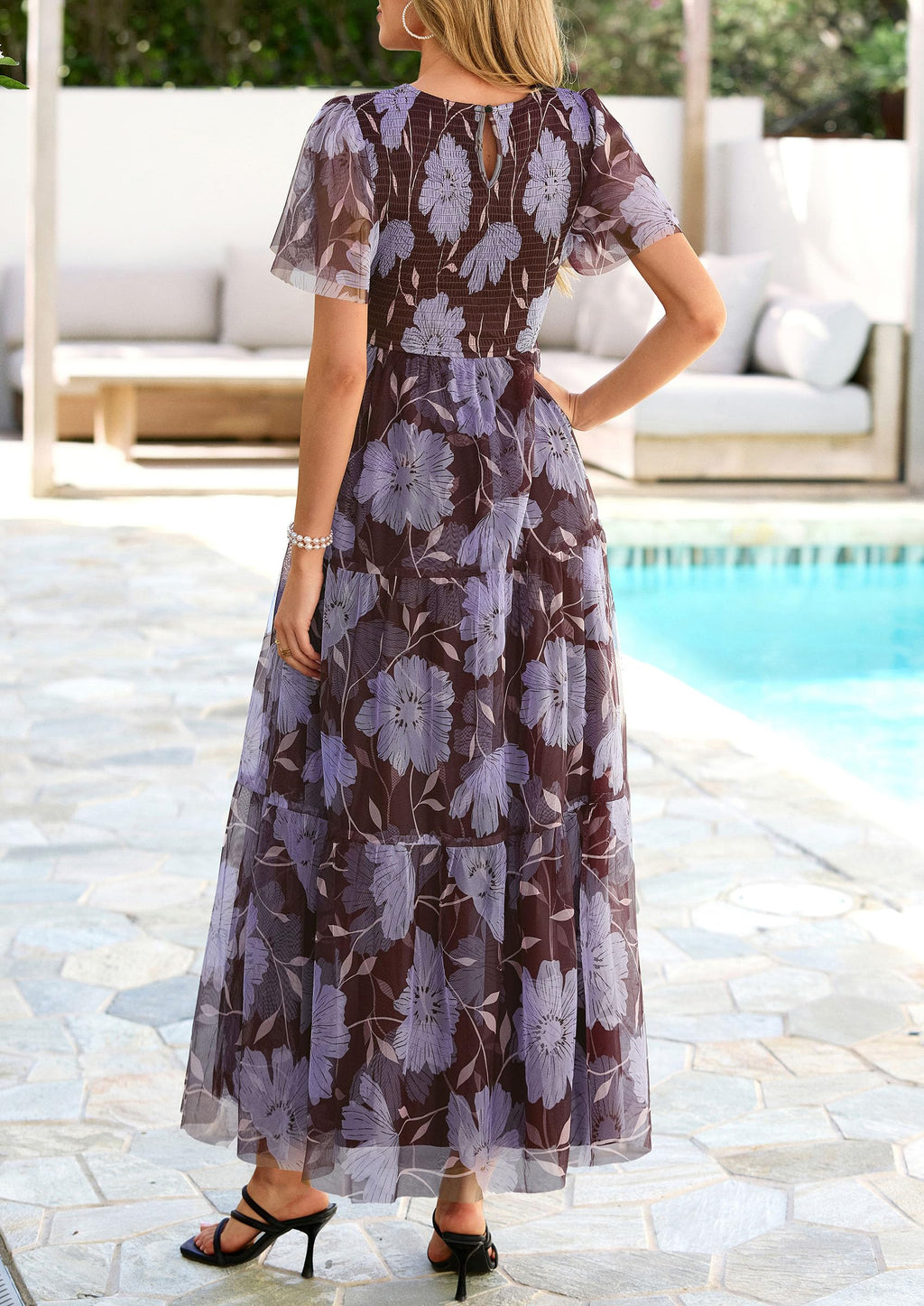 PRETTYGARDEN Tulle Floral Dress Women Summer Wedding Guest  Spring Short Sleeve Maxi Smocked Flowy Beach Party Dresses