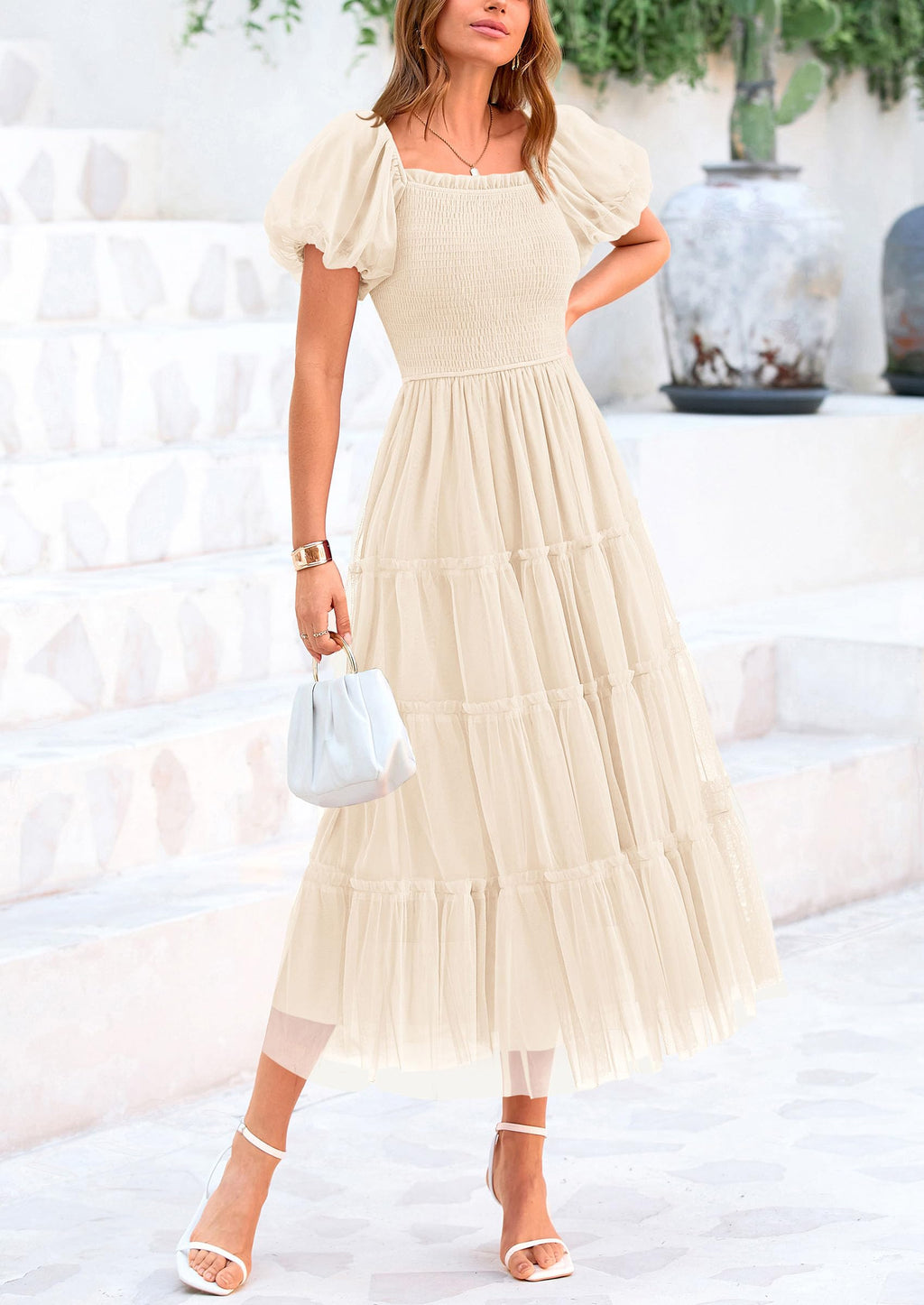 PRETTYGARDEN Women's Smocked Midi Tulle Dress  Summer Puffy Short Sleeve Square Neck Ruffle Wedding Guest Party Dresses