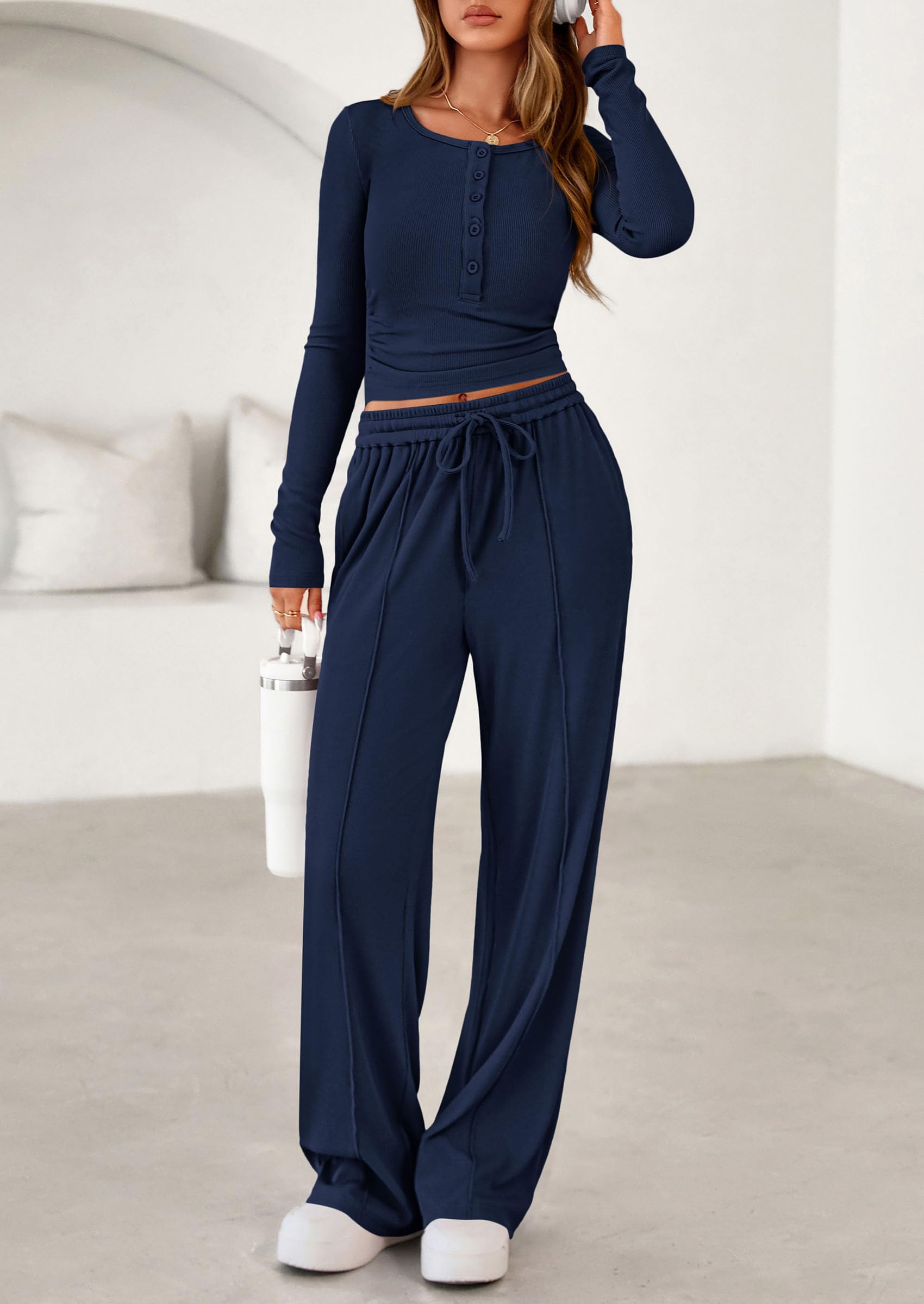 PRETTYGARDEN Women's  Fall Trendy 2 Piece Outfits Lounge Sets Long Sleeve Top Henley Shirts Wide Leg Pants Travel Clothes
