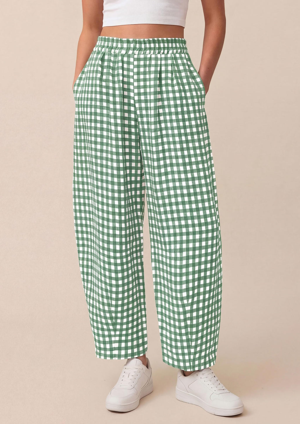 PRETTYGARDEN Plaid Barrel Pants Women Summer Casual Loose Wide Leg Lounge Gingham Trousers Spring Fashion Beach Bottoms