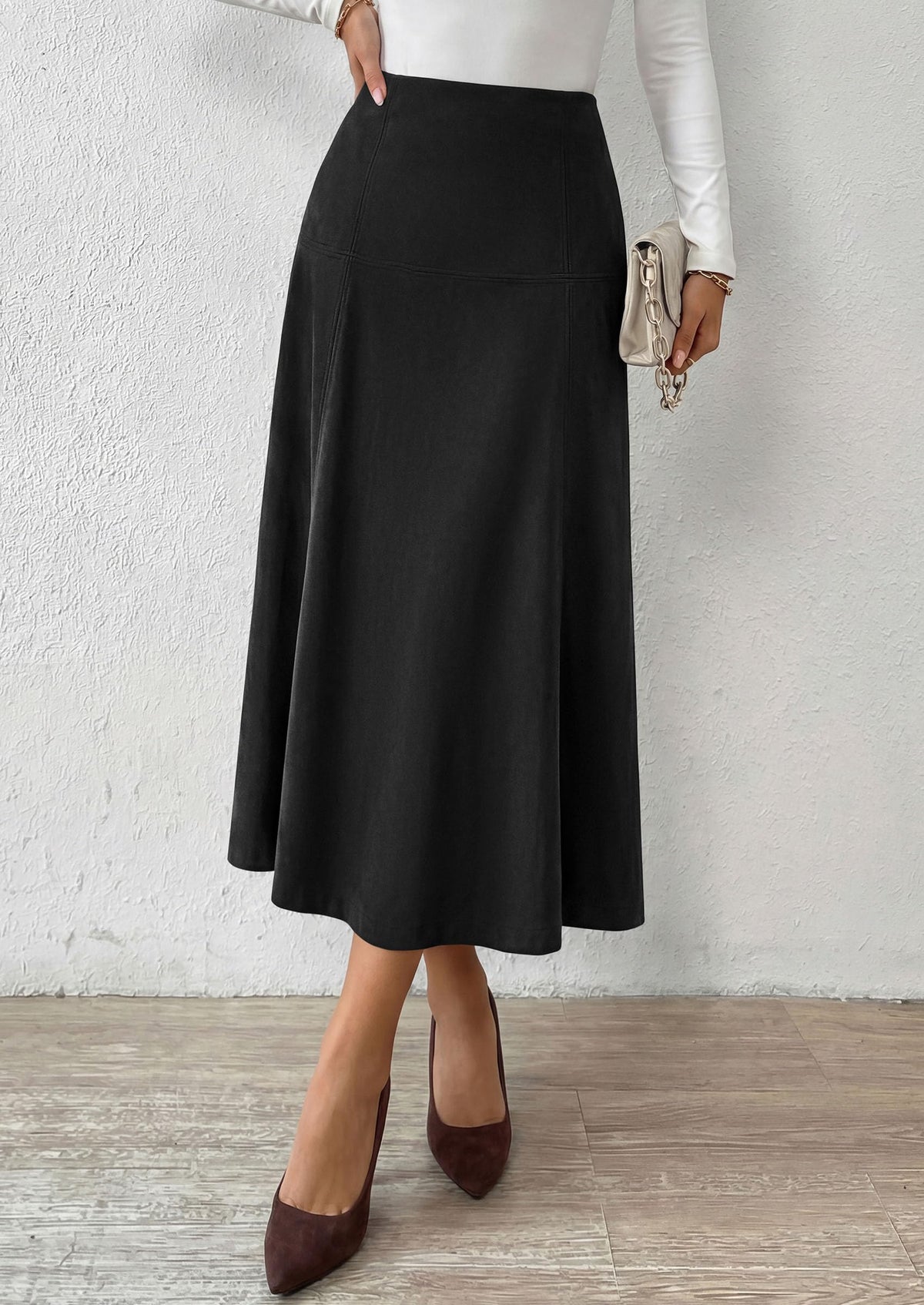 PRETTYGARDEN Womens High Waist Faux Suede A Line Midi Skirt | Hidden Stretch Elastic Waist, Front Back Panel Stitching, Vintage Elegant Mid-Calf Long Skirts for Fall Winter Office Daily