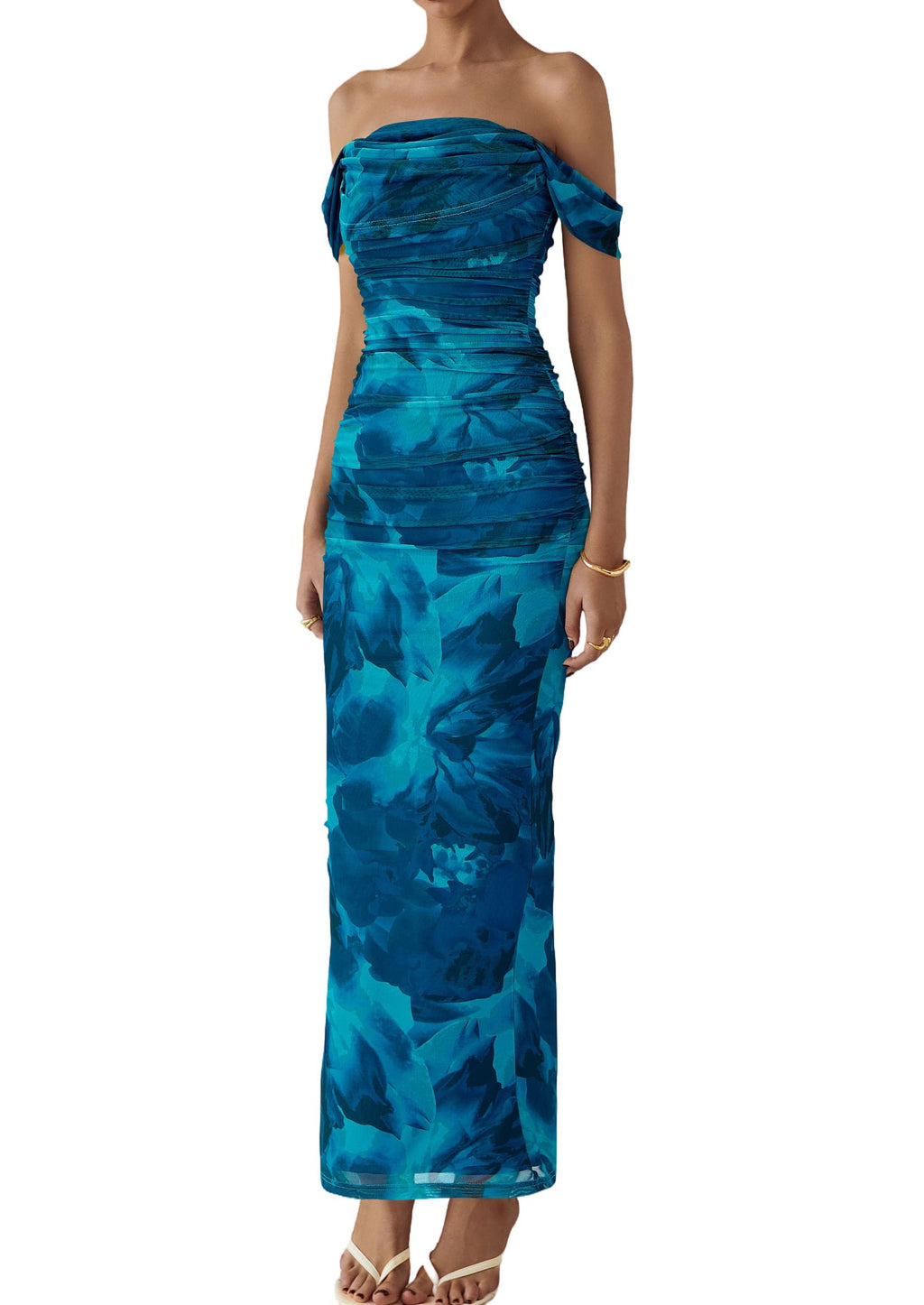 PRETTYGARDEN Cocktail Dresses for Women Summer Floral Off Shoulder Ruched Mesh Elegant Wedding Guest Maxi Dress