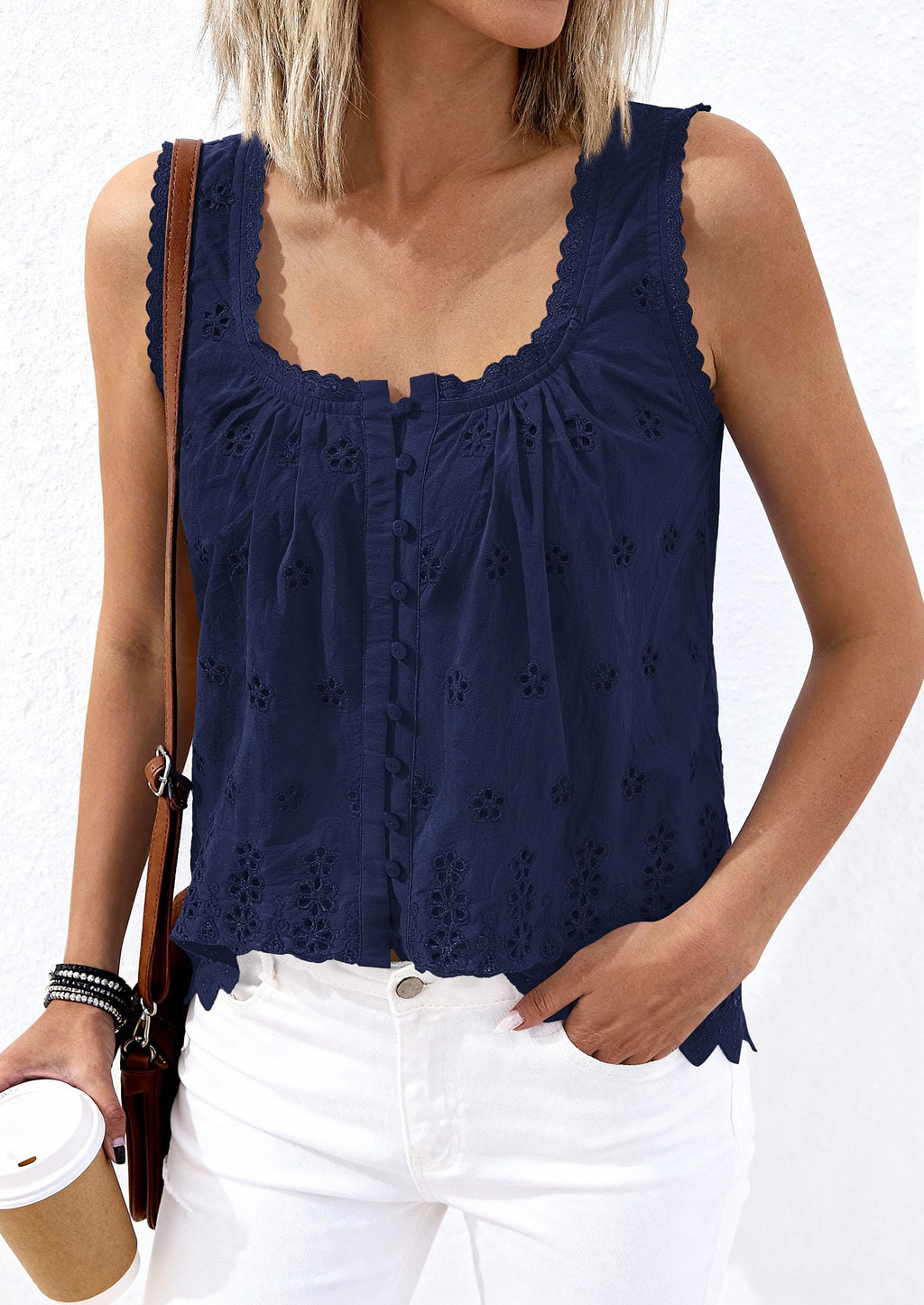 PRETTYGARDEN Womens Tank Tops 2026 Summer Button Down Shirts Embroidered Eyelet Dressy Casual Blouses Beach Vacation Clothes