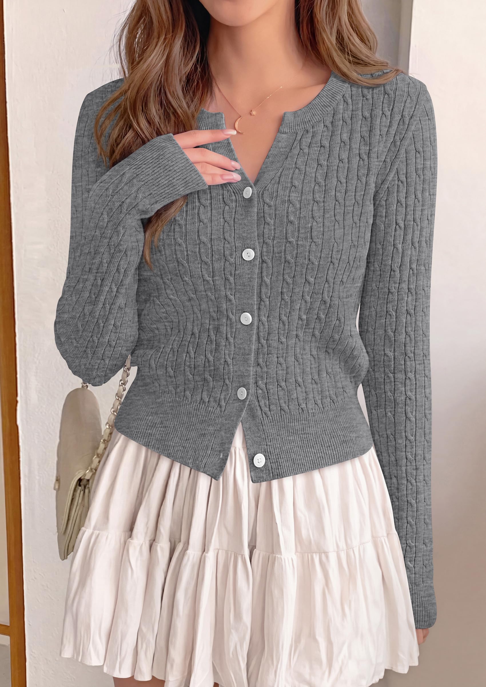 FreshPretty Women's Cable Knit Cropped Cardigan Sweater V Neck Button Down | Soft Lightweight Cable Knit, Long Sleeve, V Neck Button Front, Cropped Ribbed Trim, Business Casual Fall Winter Layering