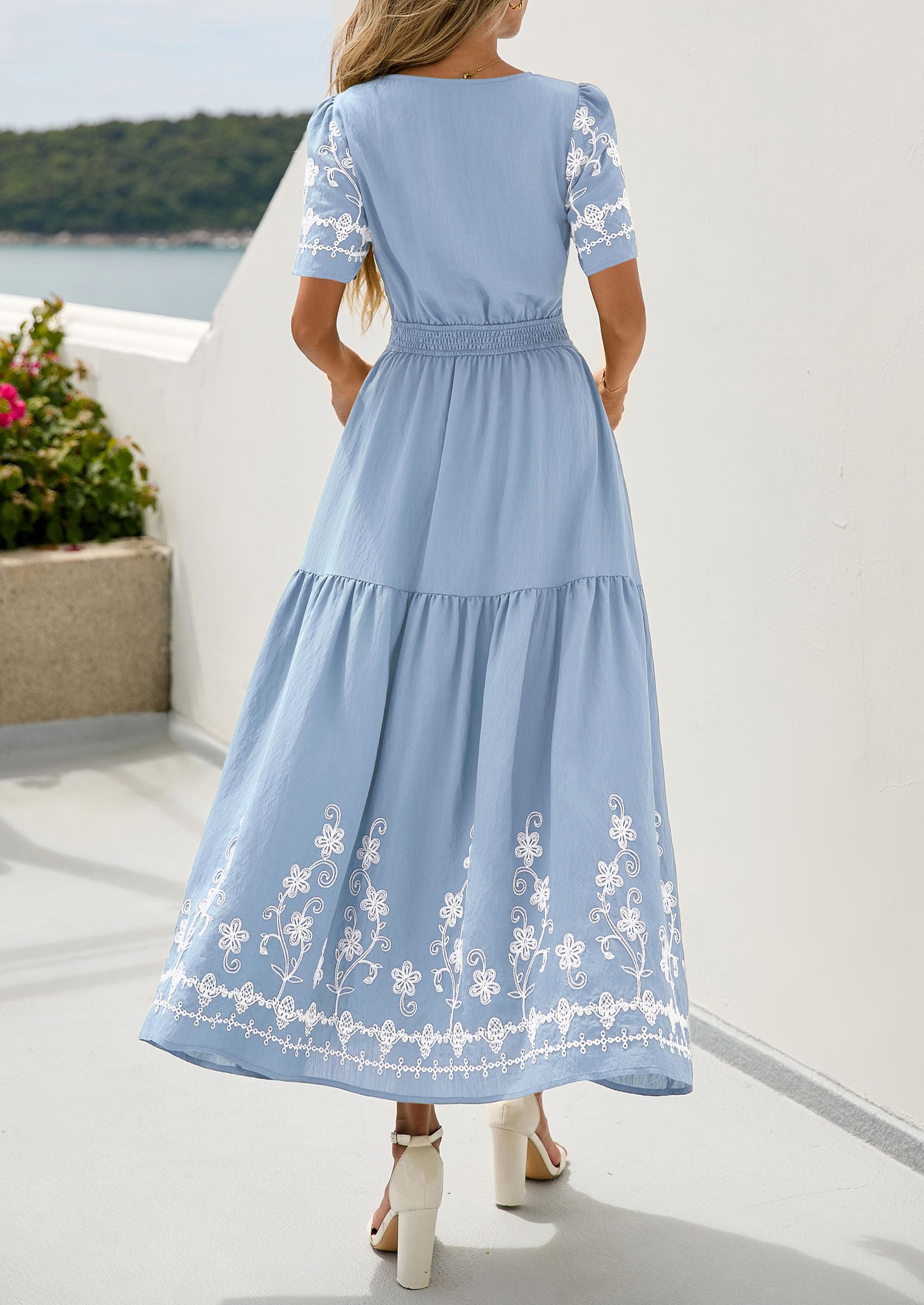 PRETTYGARDEN Women's Summer Boho Maxi Dress Spring Floral Short Sleeve V Neck A Line Flowy Beach Wedding Guest Dresses