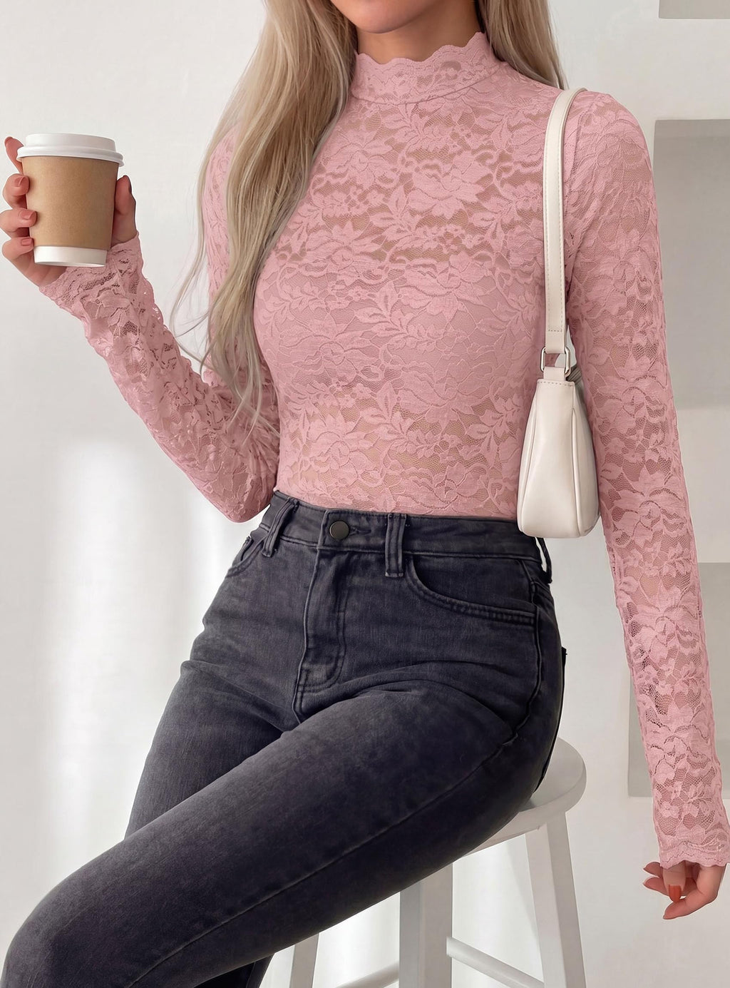 PRETTYGARDEN Womens Lace Long Sleeve Tops Sheer Mesh Blouse | Mock Neck Floral See Through, Slim Fitted, Soft Stretchy Elegant, Going Out Concert, Club Party Outfits, Fall Fashion Clothes