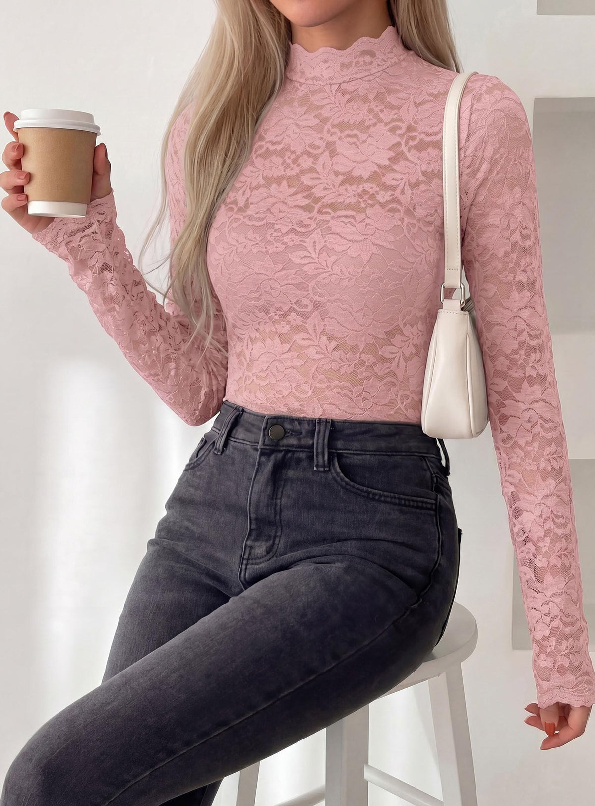 PRETTYGARDEN Womens Lace Long Sleeve Tops Sheer Mesh Blouse | Mock Neck Floral See Through, Slim Fitted, Soft Stretchy Elegant, Going Out Concert, Club Party Outfits, Fall Fashion Clothes