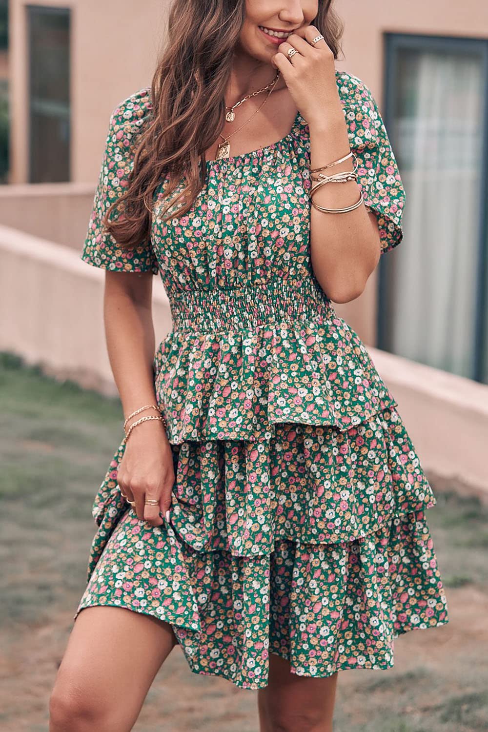 PRETTYGARDEN Women's  Floral Summer Short Dress Square Neck Short Sleeve Tiered Ruffle Boho Swing Dresses